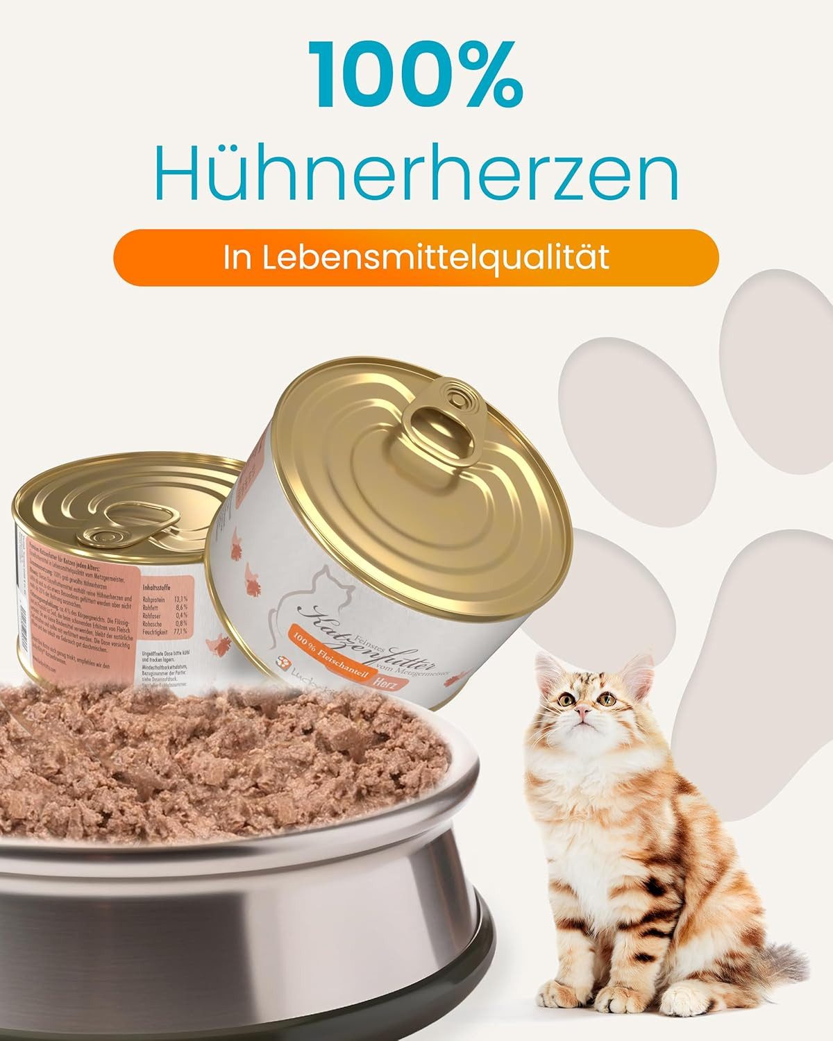 Lucky-Kitty Katzenfutter Hühnerherzen, 100% Fleischanteil, getreidefrei 4x200g, Nassfutter für: Katzen, frisches Fleisch in Metzgerqualität, zuckerfrei, Monoprotein