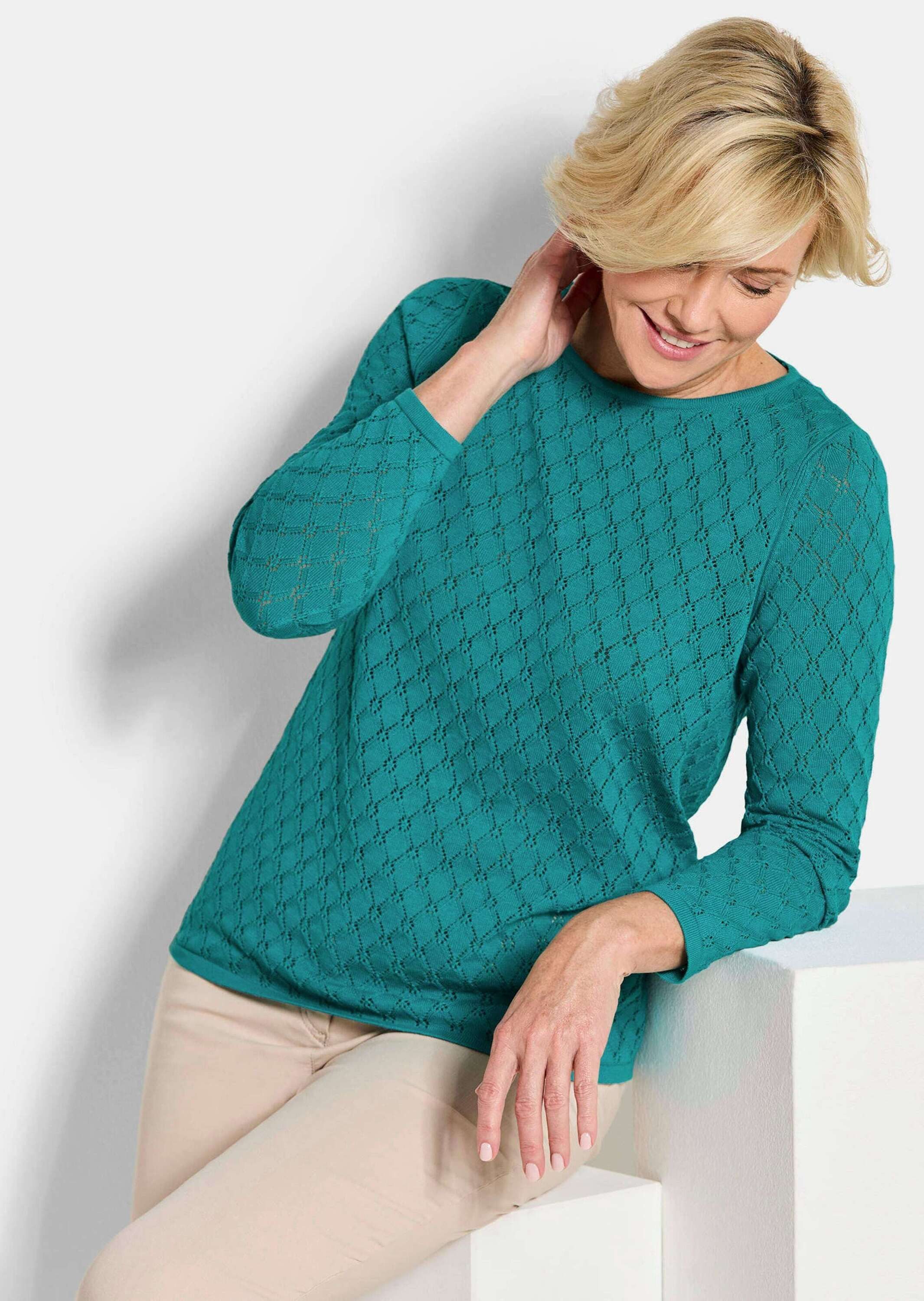 GOLDNER Strickpullover Kurzgröße: Strickpullover mit Wabenstruktur Baumwollpullover mit U-Boot-Ausschnitt und Langarm