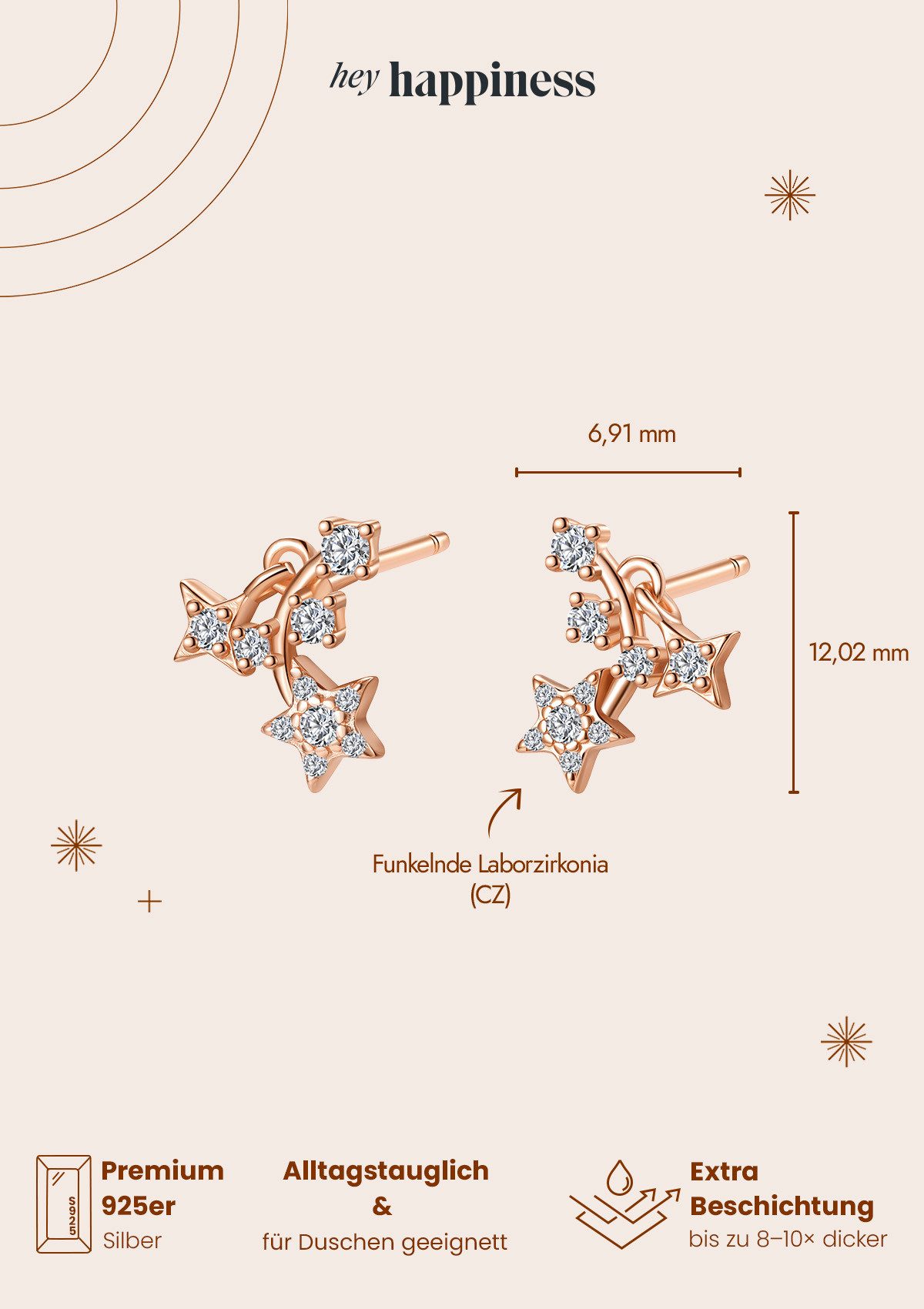 Hey Happiness Paar Ohrstecker Stern Nachthimmel, mit Zirkonia, Zarte Kleine Damen Ohrringe Silber 925