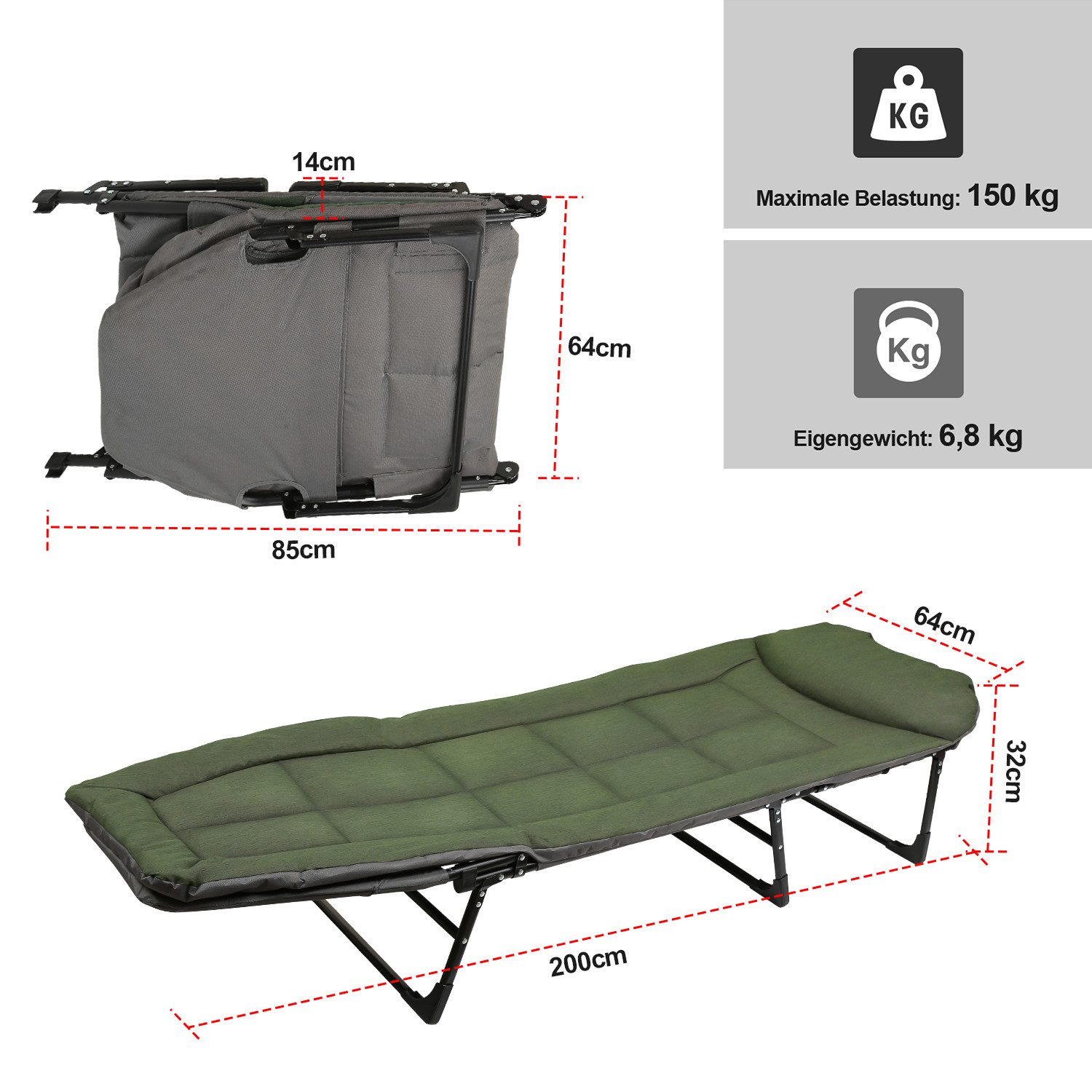 Clanmacy Angelliege Karpfenliege campingliege klappbar gepolstert 6 Beine (1-St)
