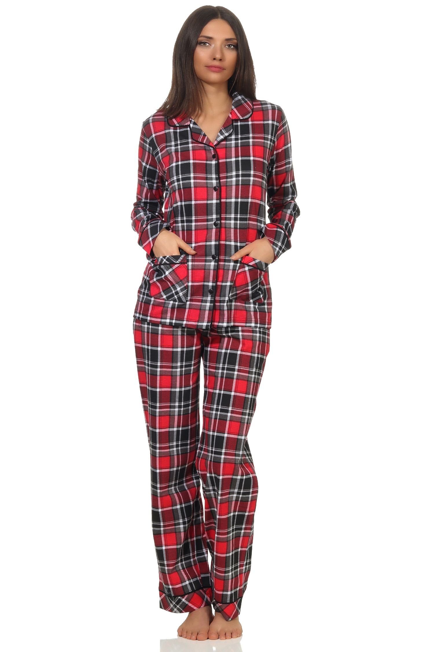 Normann Pyjama Damen Single in durchknöpfen Optik Karo Pyjama Jersey in Qualität zum