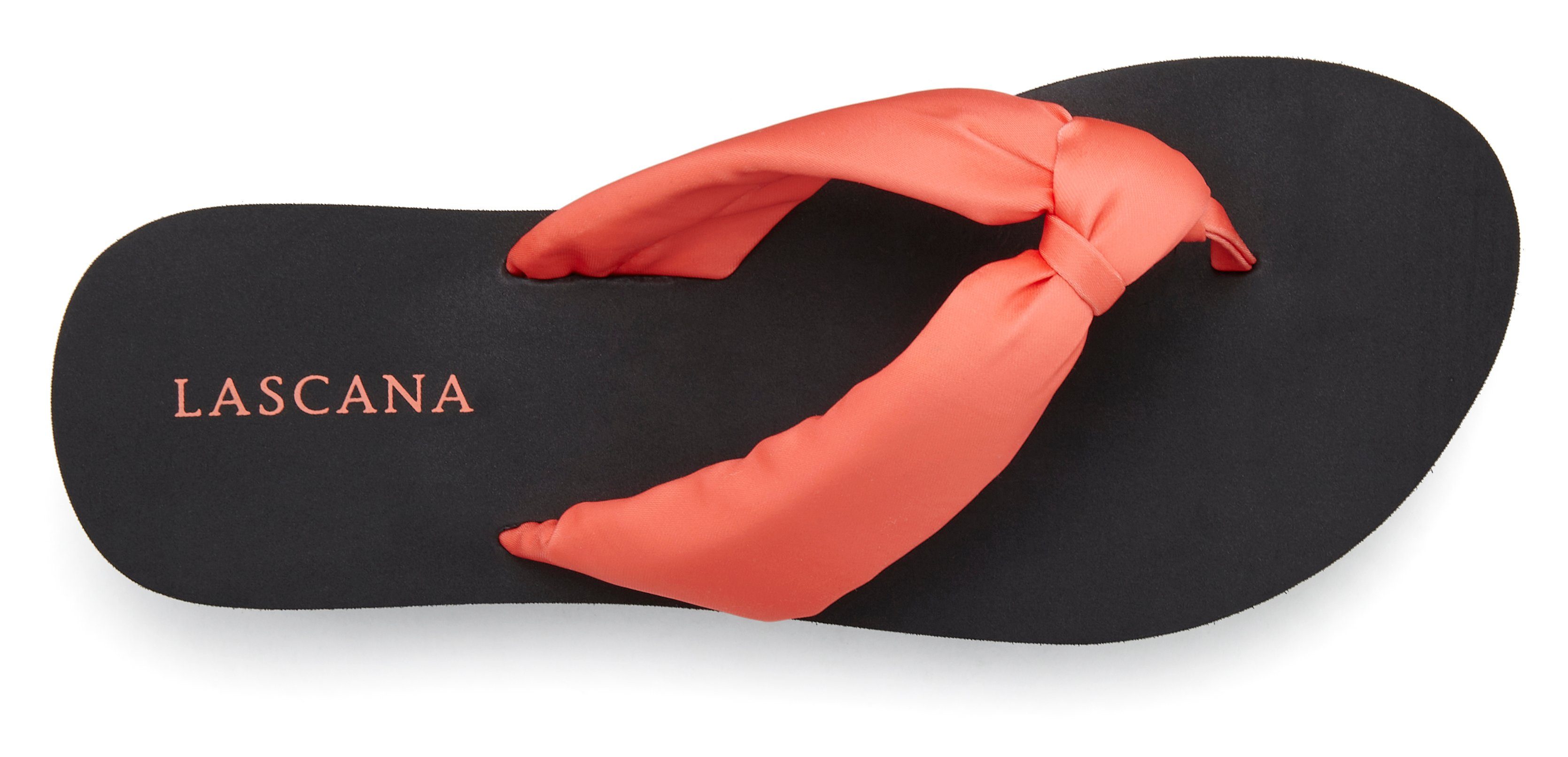 LASCANA Badezehentrenner Sandale, VEGAN Band mit Badeschuh orange-schwarz Pantolette, softem ultraleicht