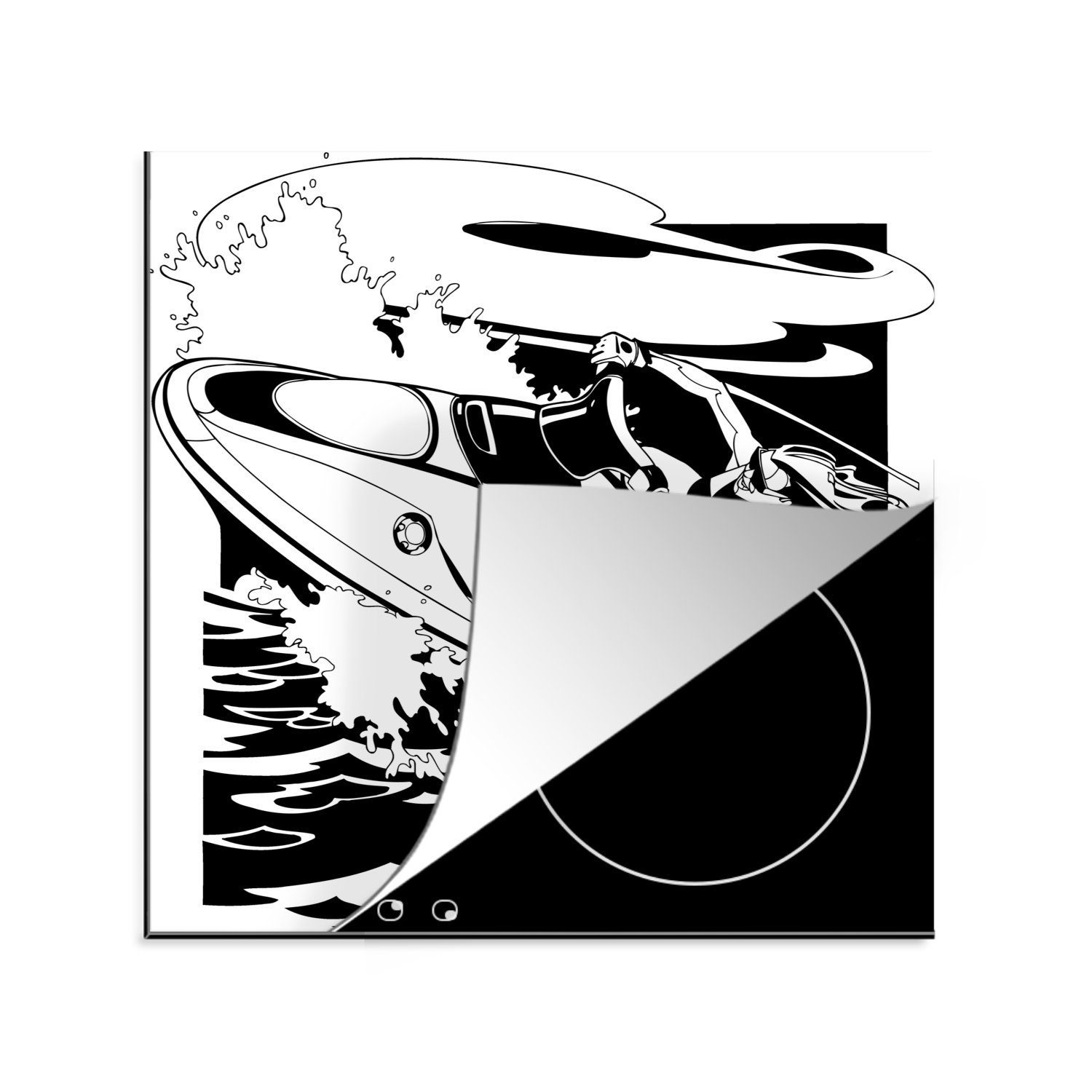 MuchoWow Herdblende-/Abdeckplatte Eine Illustration eines springenden Jetskis, Vinyl, (1 tlg), 78x78 cm, Ceranfeldabdeckung, Arbeitsplatte für küche