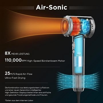 PARWIN PRO BEAUTY Haartrockner Air-Sonic Föhn HD-LED Anzeige 25M/S Luftstrom fürSchnelleTrocknung, 1800,00 W, mit 110,000RPM Bürstenlosem Geräuscharm Motor 2x 32mm Auto Wrap-Curler