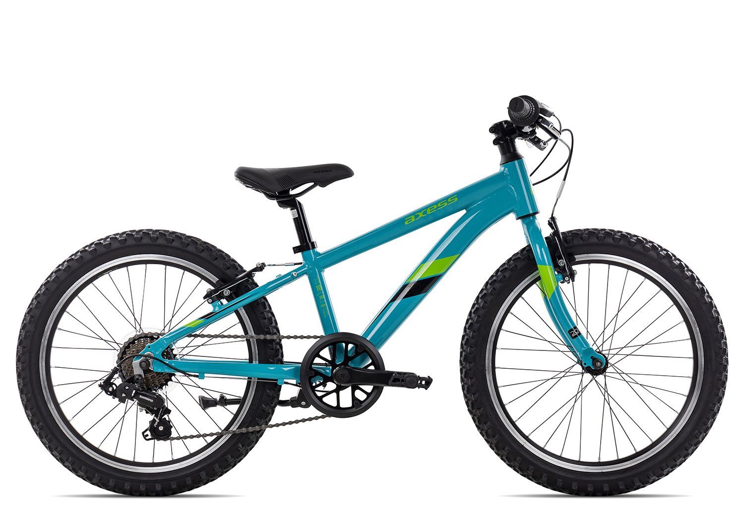 Axess Kinderfahrrad STIPE 20 2023, 7 Gang Shimano RD-FT35 Tourney Super Short Cage Schaltwerk, Kettenschaltung, Kinderrad 20 Zoll Junge Mädchen blau blue/green/black