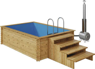 EDEN Holzmanufaktur Rechteckpool Fix&Fertig Fichtenholz Pool, inkl. Einsatz, Dämmung, seitlichem Wasserablauf, Holzofen