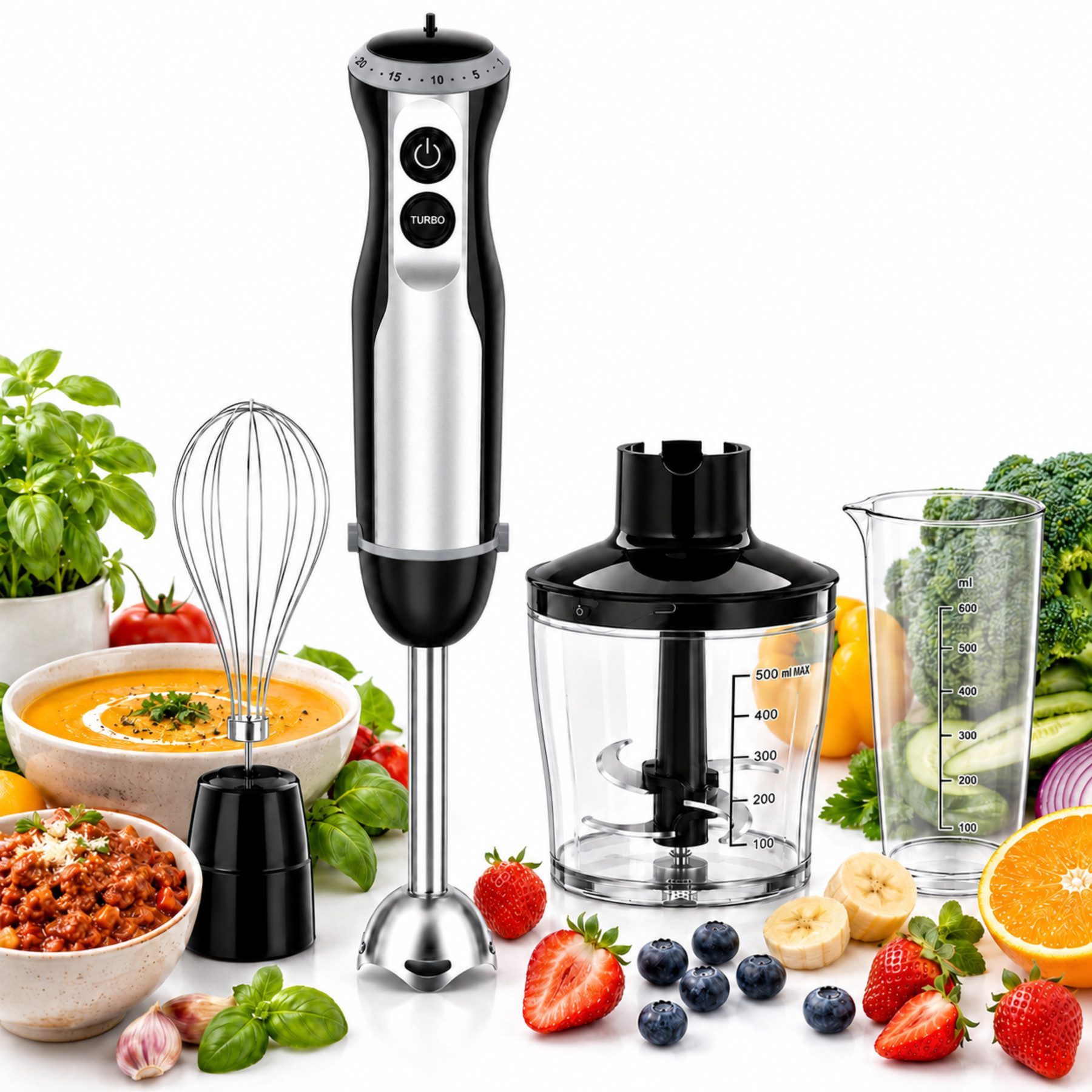 Luckice Stabmixer 1000W 4in1 Elektrisch Edelstahl Pürierstab mit 20 Geschwindigkeiten, 1000 W, TURBO-Taste für die Zubereitung von Soße,Babynahrung und Suppe