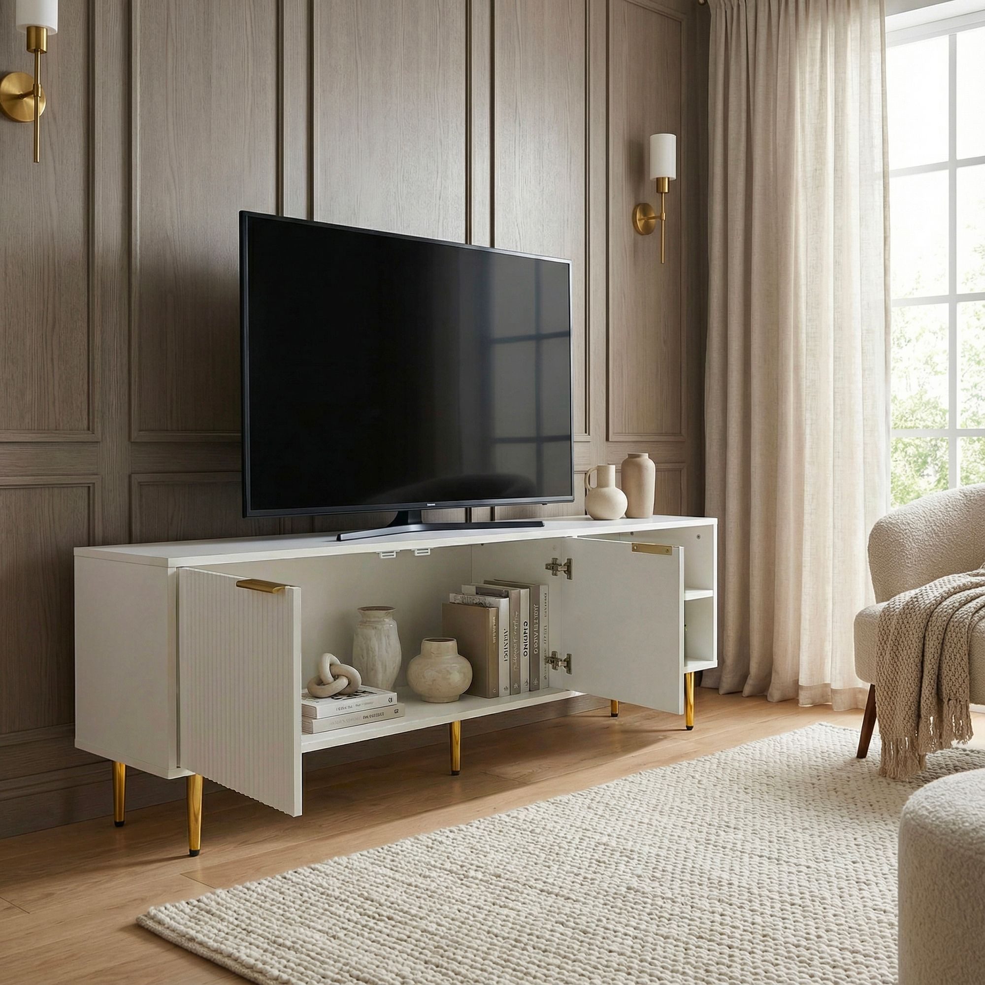 FineBuy Lowboard TV Möbel Weiß 150cm - TV Board mit Lamellenfront - TV Kommode mit 2 Türen und offenen Fächern - Fernsehkommode Fernsehunterschrank mit Metallbe – Bild 2 von 5