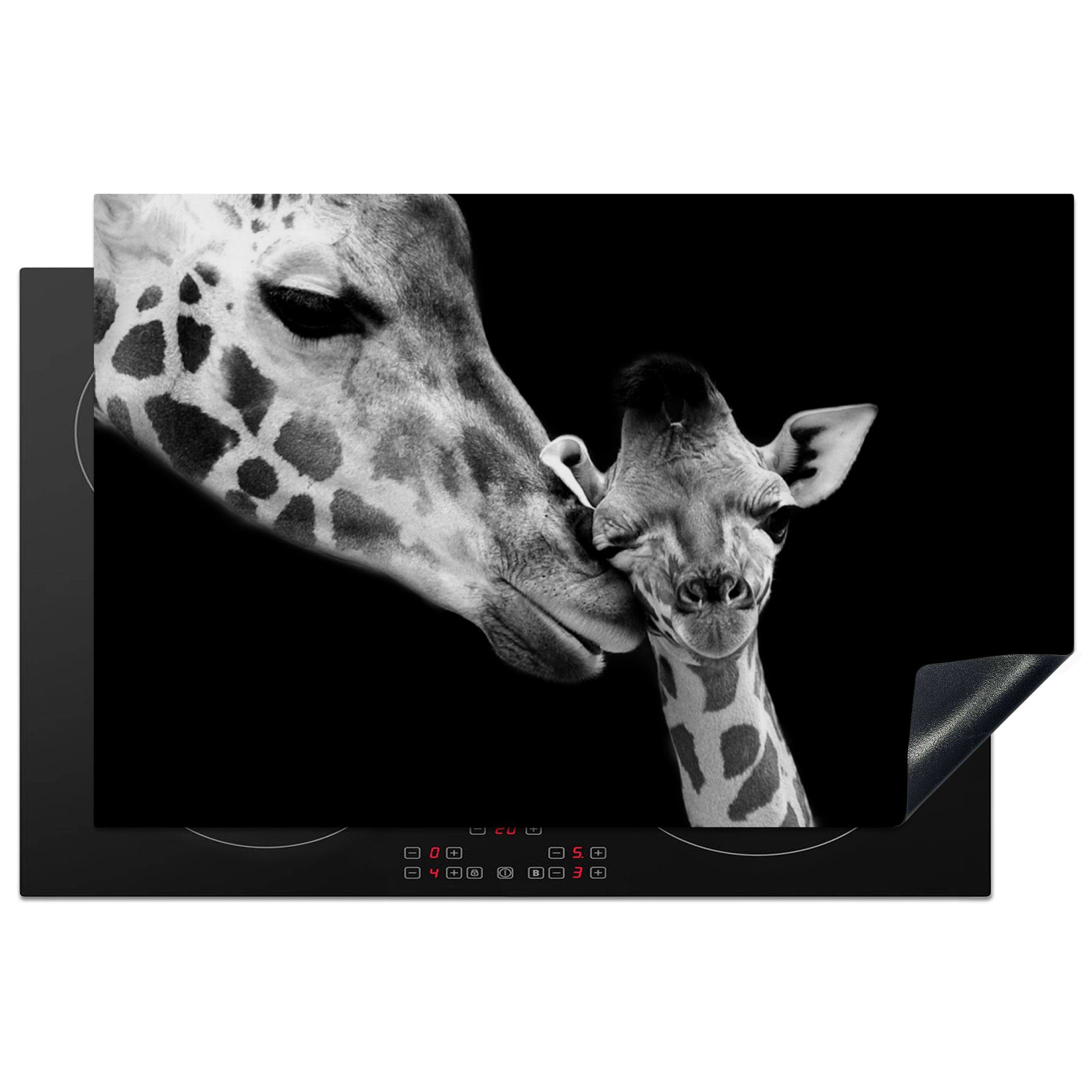 MuchoWow Herdblende-/Abdeckplatte Tiere - Schwarz - Weiß - Giraffe - Porträt, Vinyl, (1 tlg), 81x52 cm, Ceranfeldabdeckung, Arbeitsplatte für küche