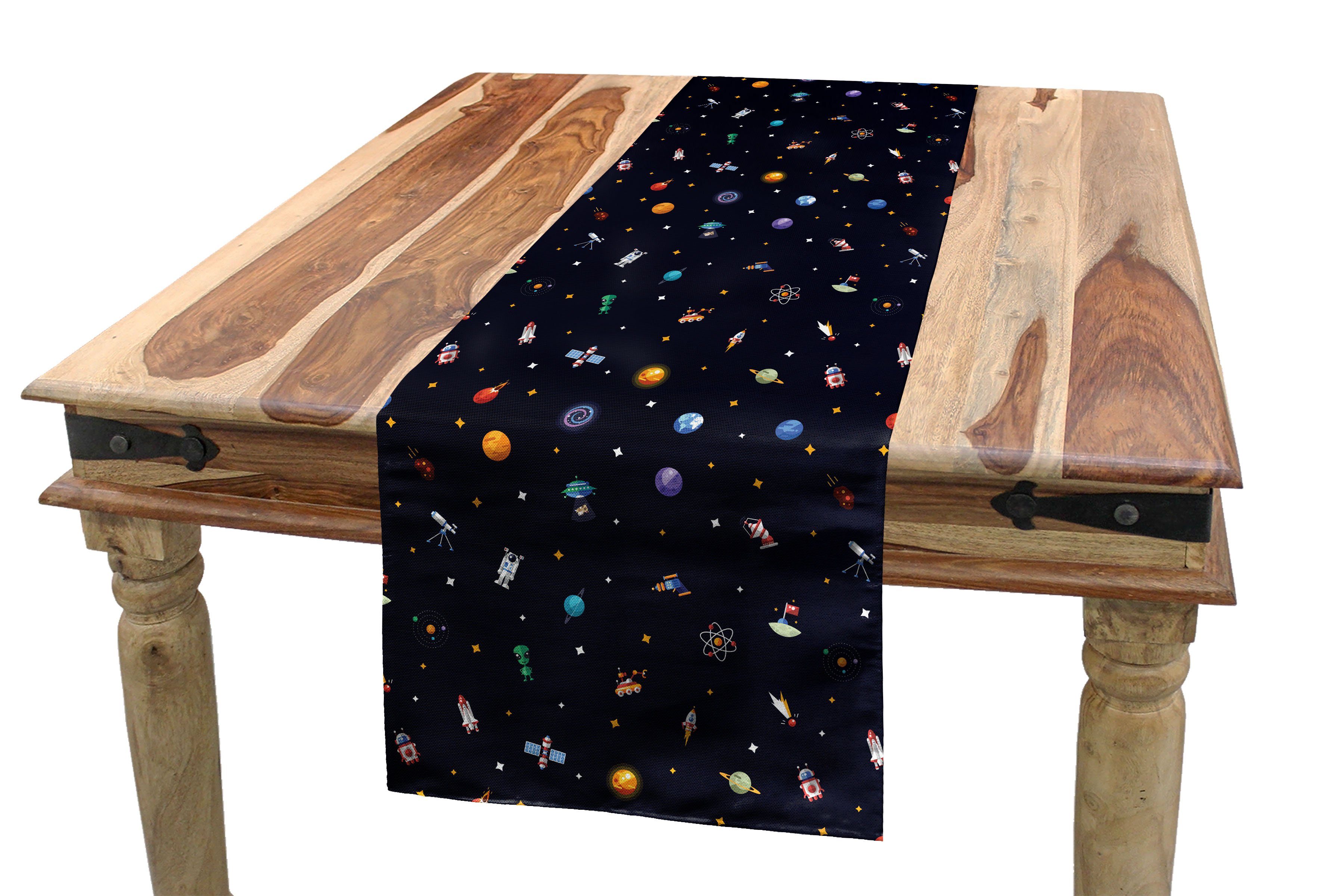 Abakuhaus Tischläufer Esszimmer Küche Rechteckiger Dekorativer Tischläufer, Raumschiff Sterne Alien Planeten | Tischläufer