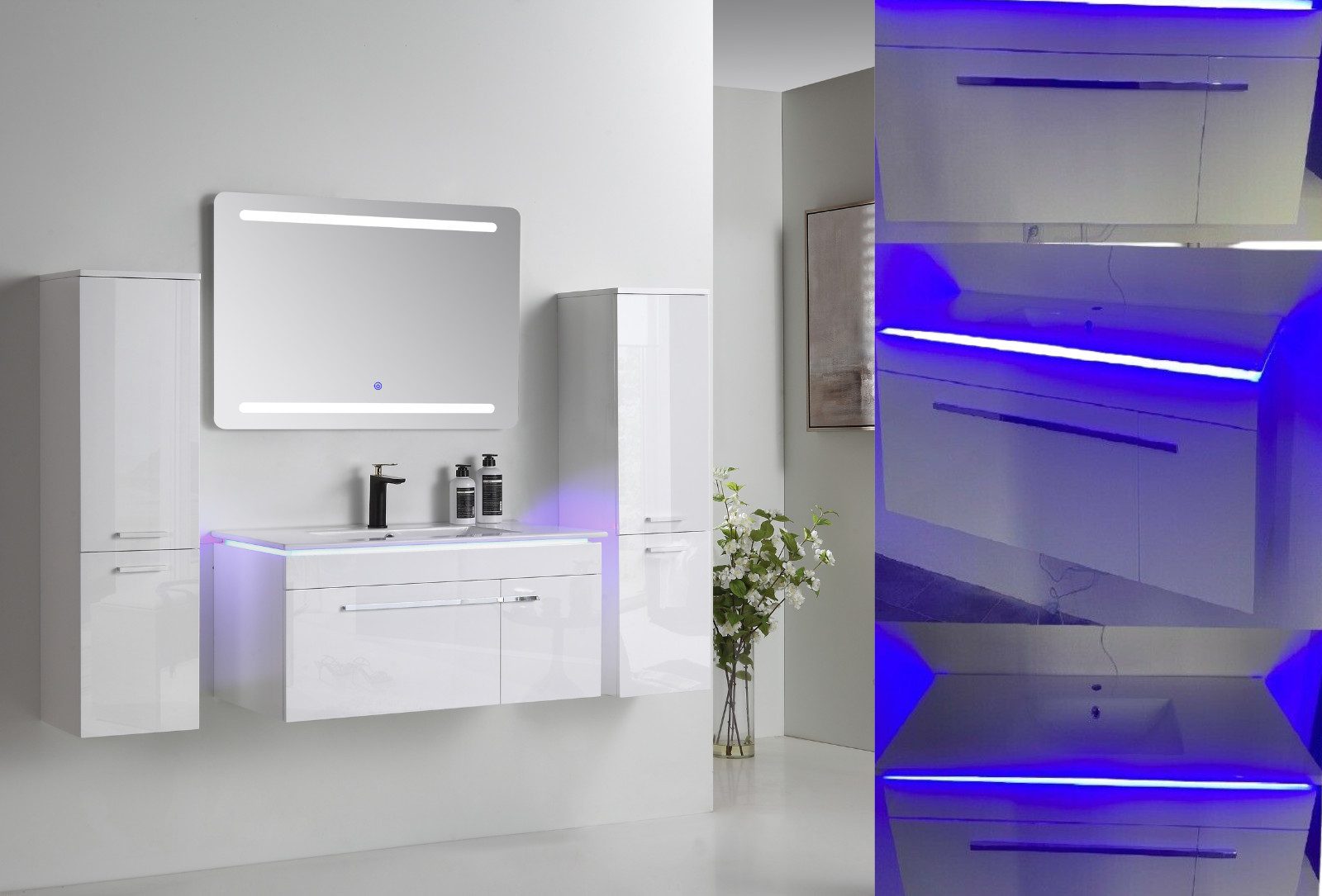 Faizee Möbel Badmöbel-Set Badmöbel-Set Badmöbel- Set Schwarz/Weiß/Königsblau Keramik/Granit, (Komplett-Set, 5-St), badmöbel set 120cm komplett Set LED-Spiegel mit Touch-Funktion
