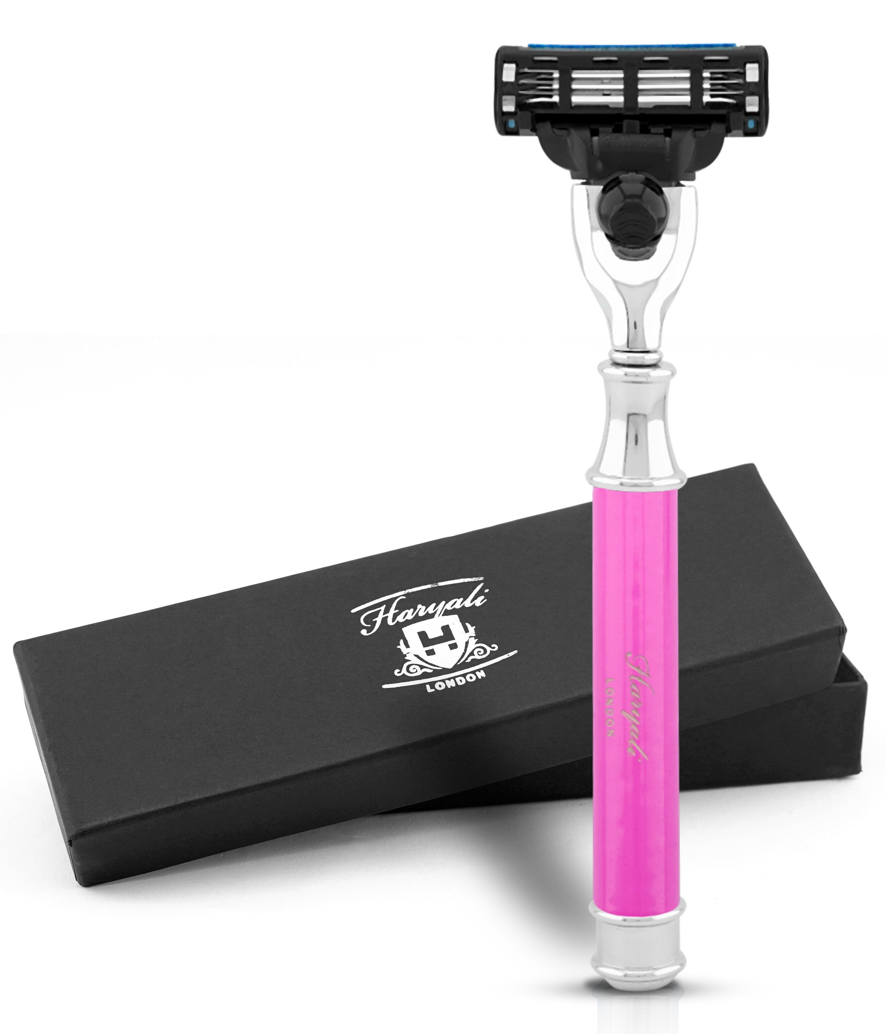Haryali London Nassrasierer 3-Klingen-Rasierer für Unisex, Smart Grip, Gesichtsrasierer pink, Pack, Rasierapparat mit abnehmbarer Klinge und messing-silbernem Griff, Abwaschbarer, rutschfester Griff. Passt auf alle Mach 3-Rasierer.