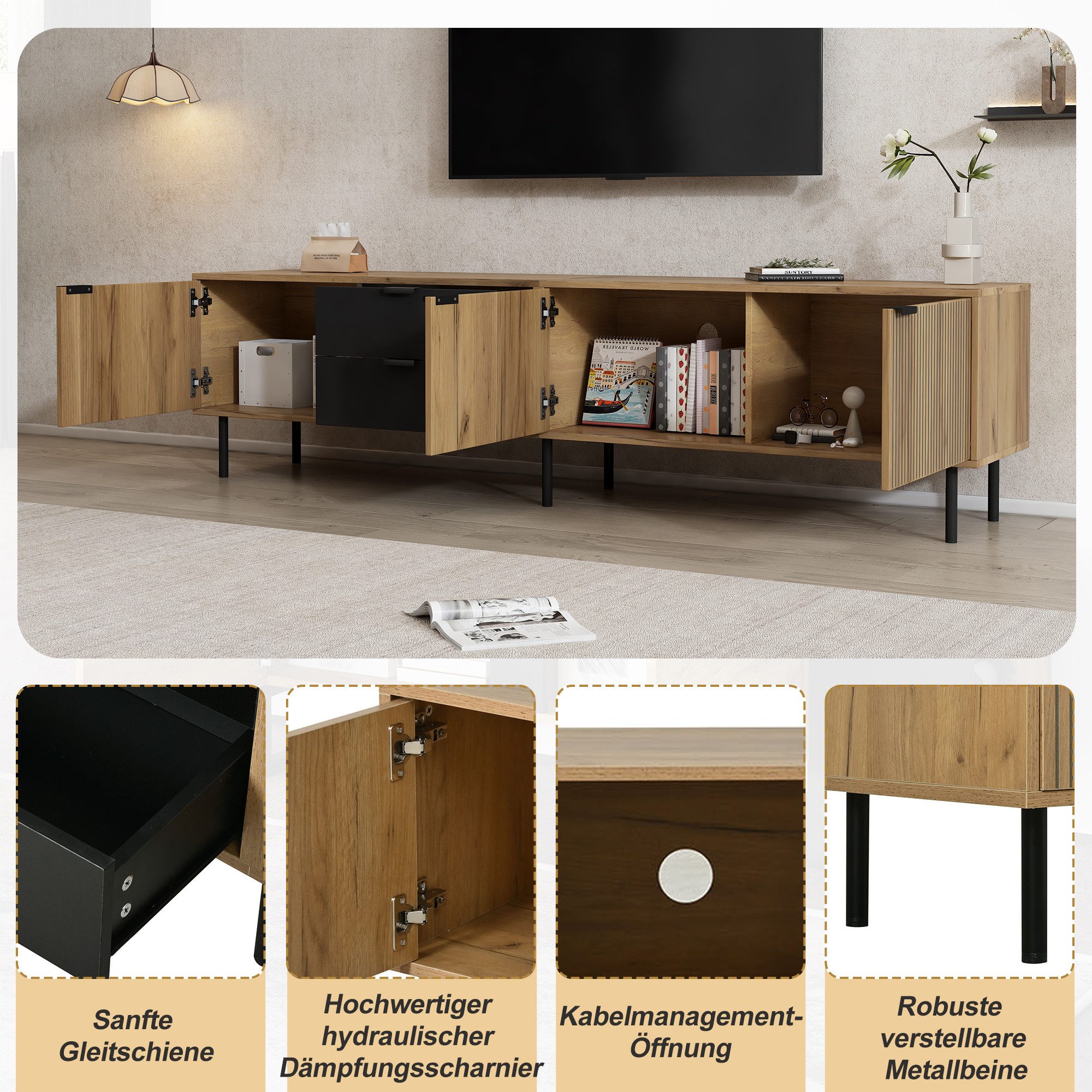 OKWISH TV-Schrank 208x40x48 cm Lowboard, Schwarz Holzoptik (Packung, 1-St., für 85 Zoll TV, Wohnzimmer, modern) Kabelmanagement, 3 Schubladen, versteckte Fächer