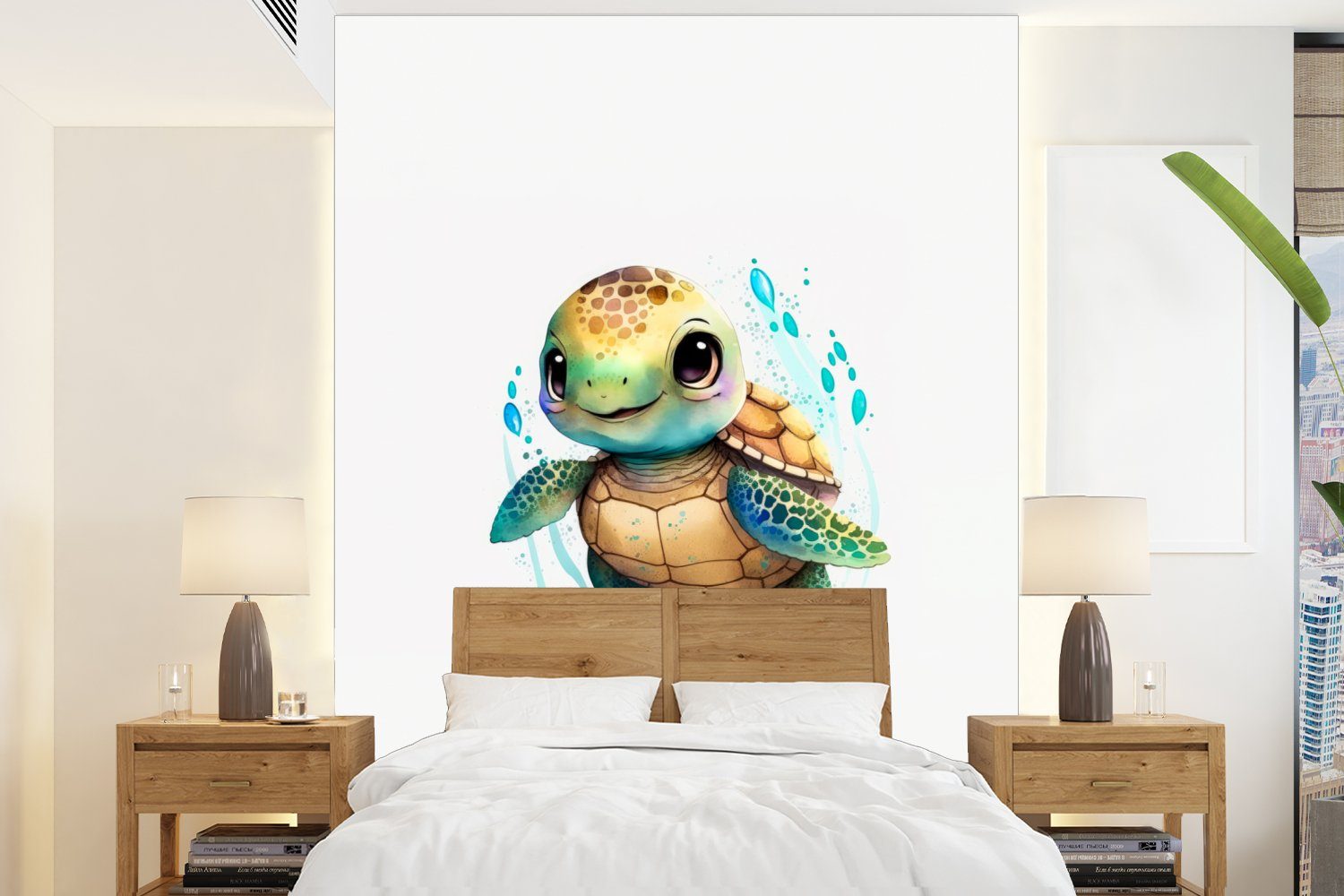 MuchoWow Fototapete Schildkröte - Wasserfarben - Tiere - Mädchen - Jungen, Matt, bedruckt, (4 St), Montagefertig Vinyl Tapete für Wohnzimmer, Wandtapete