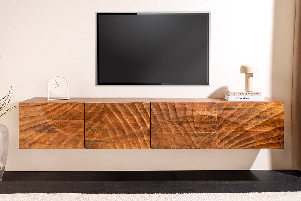 riess-ambiente TV-Board SCORPION 200cm braun Mangoholz - hängend, 3D-Schnitzereien, handmade (Einzelartikel, 1 St), massives Lowboard mit Stauraum, Magnetverschluss & Kabelöffnung