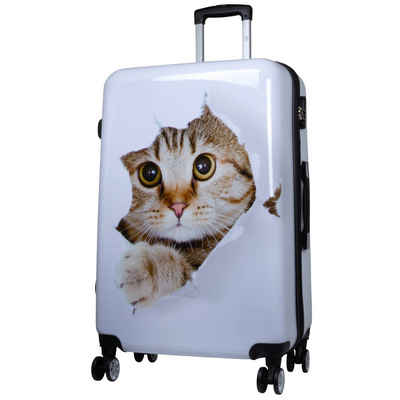 Trendyshop365 Hartschalen-Trolley Katze weiß, bunter Reisekoffer mit Motiv, 3 Größen, 4 Rollen, Zahlenschloss, Polycarbonat, Dehnfalte, Tiermotiv
