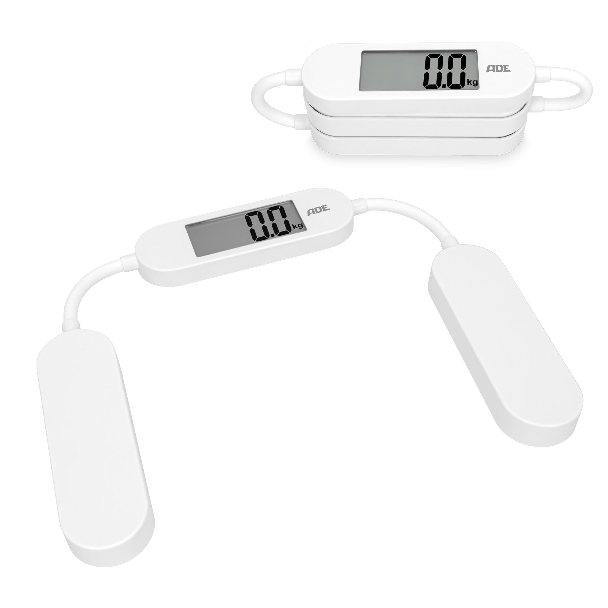 ADE Personenwaage digital, klappbar, ideal als Reisewaage, inkl. Transportbeutel, kompakte Größe, 180 kg Tragkraft, inkl. Batterie