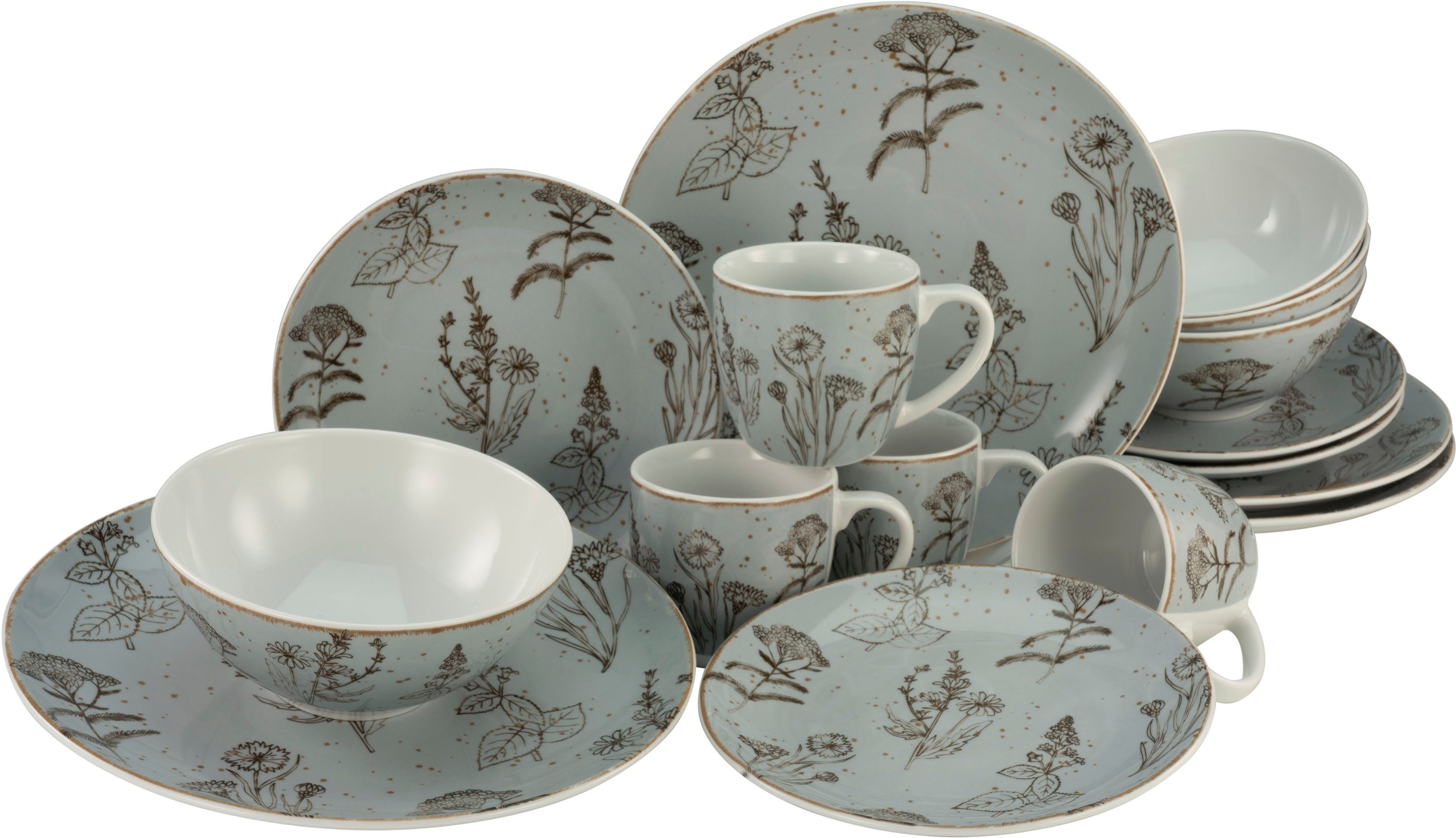 CreaTable Kombiservice Geschirr-Set Vintage Flowers (16-tlg), 4 Personen, Porzellan, Service, Dekor mit Blüten und Gräsern, 16 Teile, für 4 Personen | Tafelservice