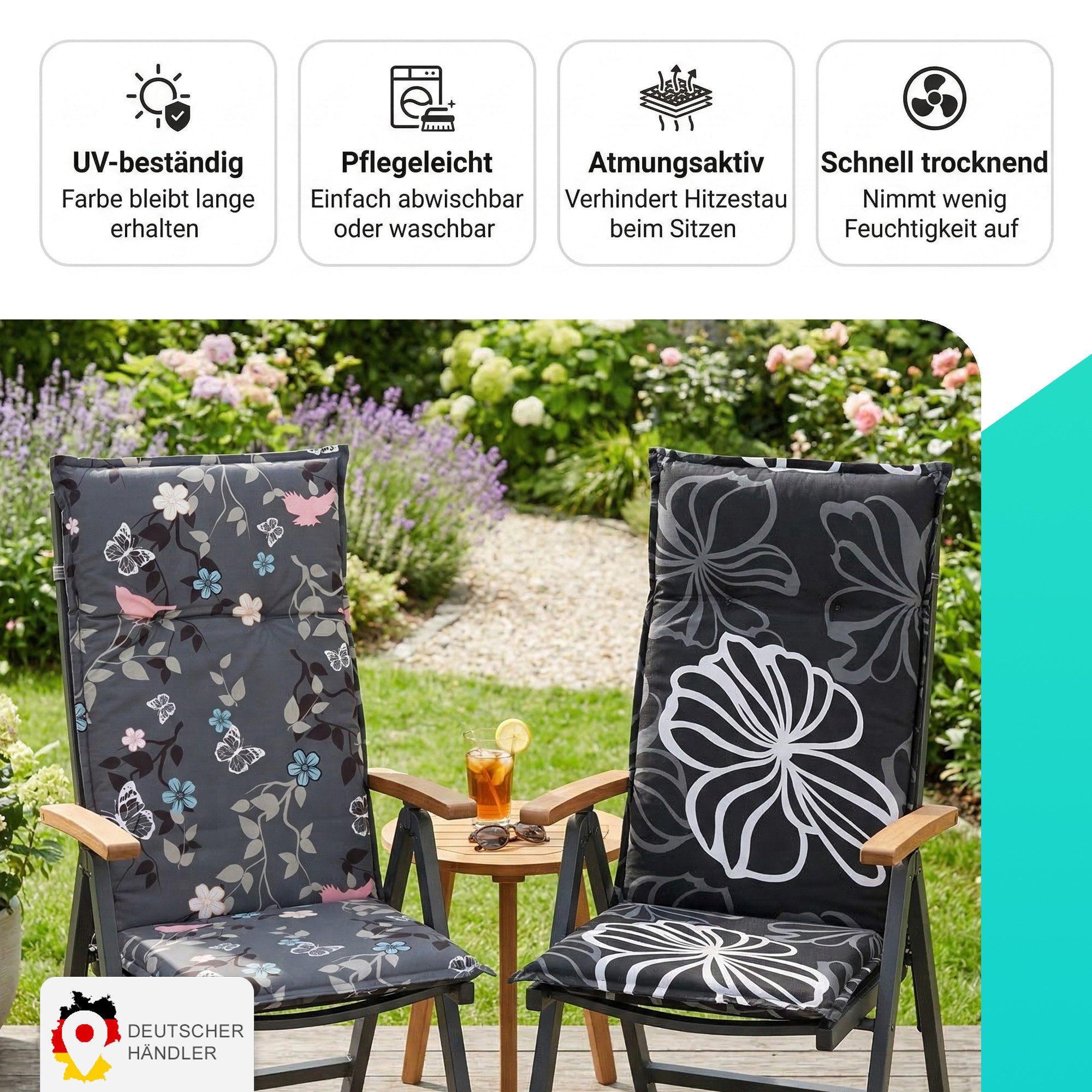 NYVI Sitzauflage Niedriglehner Auflage Barcelona Gartenstuhlauflagen 100x50cm, (1 St), Niederlehner Stuhlauflage Sitzauflage mit Halteband