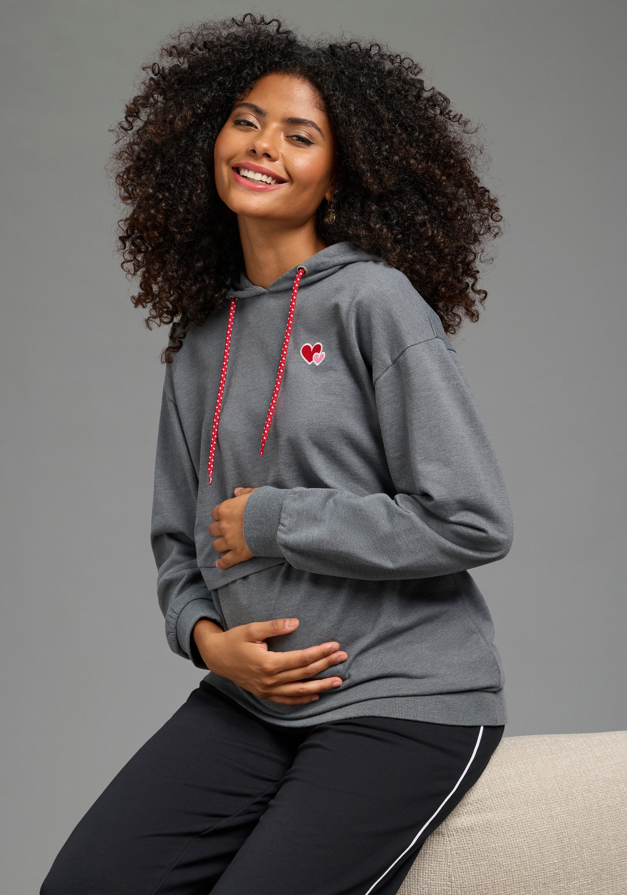 Neun Monate Umstandssweatshirt Kapuzensweatshirt für Schwangerschaft und Stillzeit mit Kapuze, Langarm, aus Baumwolle und Polyester