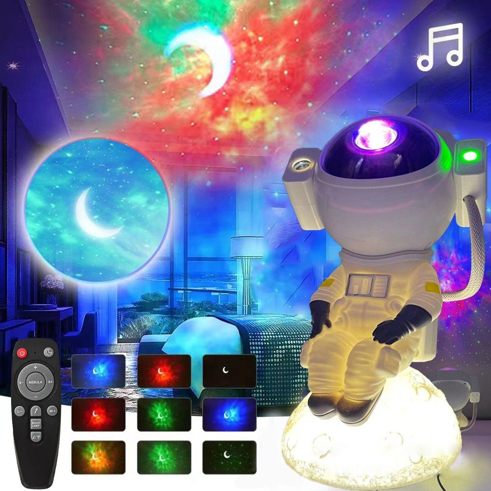 Rosnek LED Nachtlicht Upgraded, Astronaut, 360° verstellbar, für Weihnachten Kinder, mit Musik-Lautsprecher, Rot/Grün/Blau/Weiß, Galaxiennebel Sternenprojektor, Fernbedienung, Schlafzimmer Deko