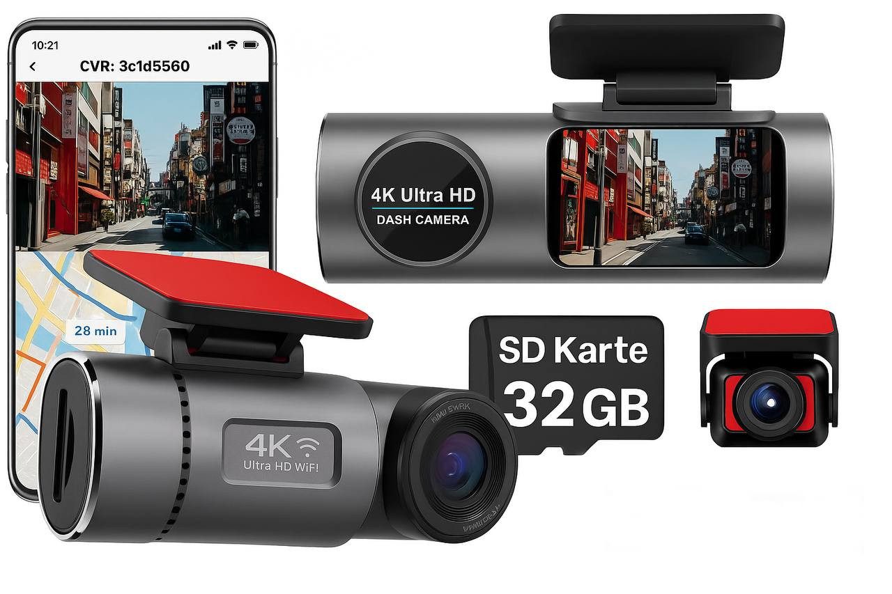 Goldstern-Tech Dashcam (4K Ultra HD, WLAN (Wi-Fi), Autokamera Set mit Dual-Kamera für Front & Heck, GPS, WLAN, Nachtsicht, Parkmodus inkl. 32GB SD-Karte)