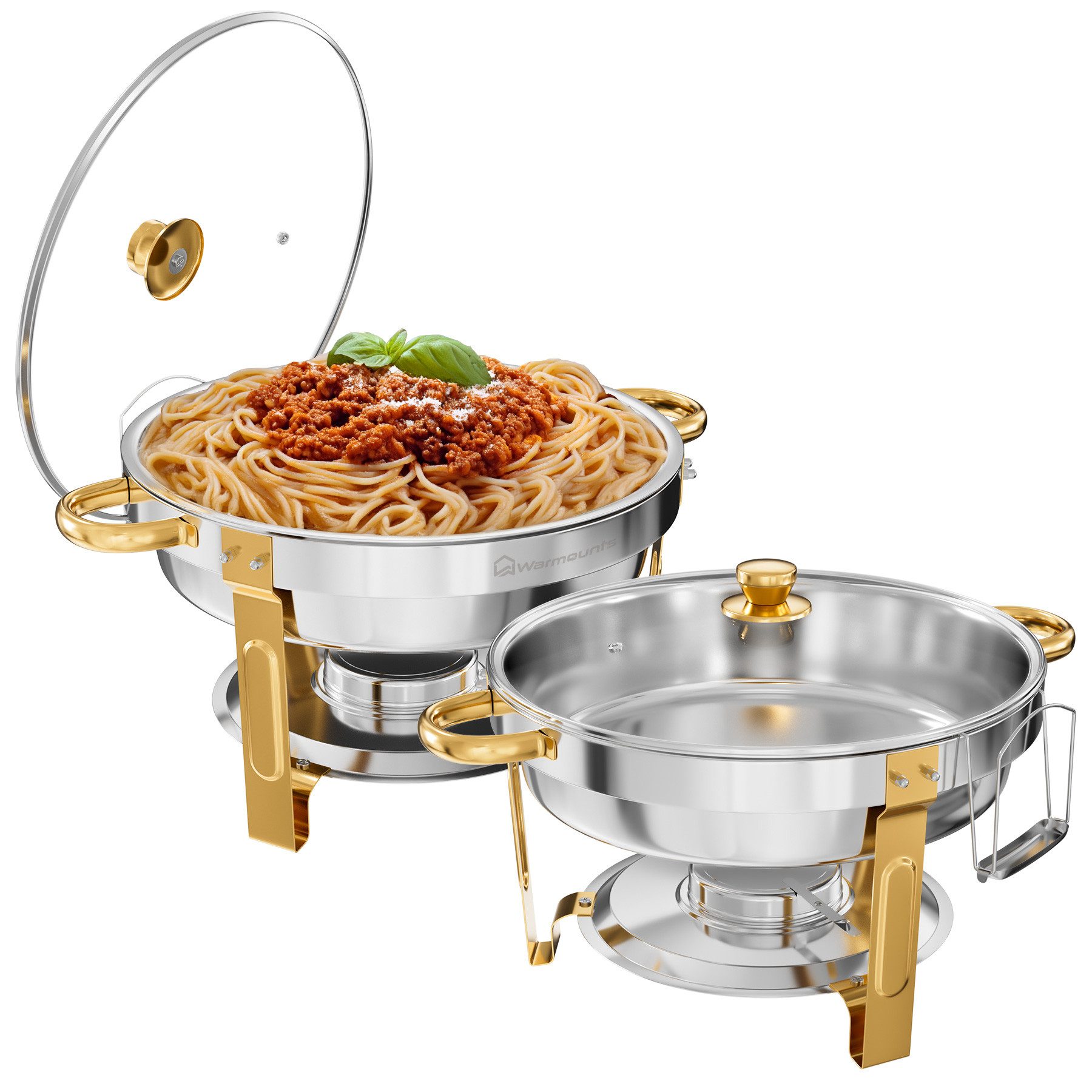 Warmounts Speisenwärmer 6,15L Chafing Dish Speisenwärmer Set, (2-tlg., Rund, 6,5 QT Edelstahl mit Deckelhalter und Glasdeckel), Buffet Warmhalter-Set für Catering, Partys, Abendessen