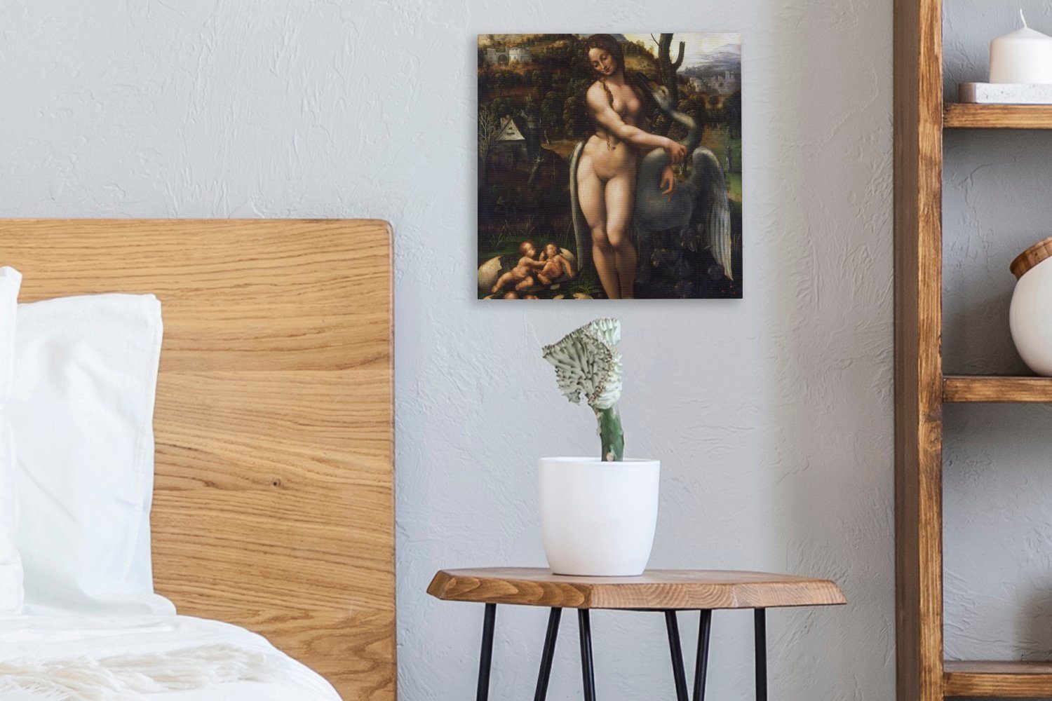 OneMillionCanvasses® Leinwandbild Leda und Leinwand (1 für der Bilder Leonardo Wohnzimmer St), Schlafzimmer da Vinci, Schwan bunt 