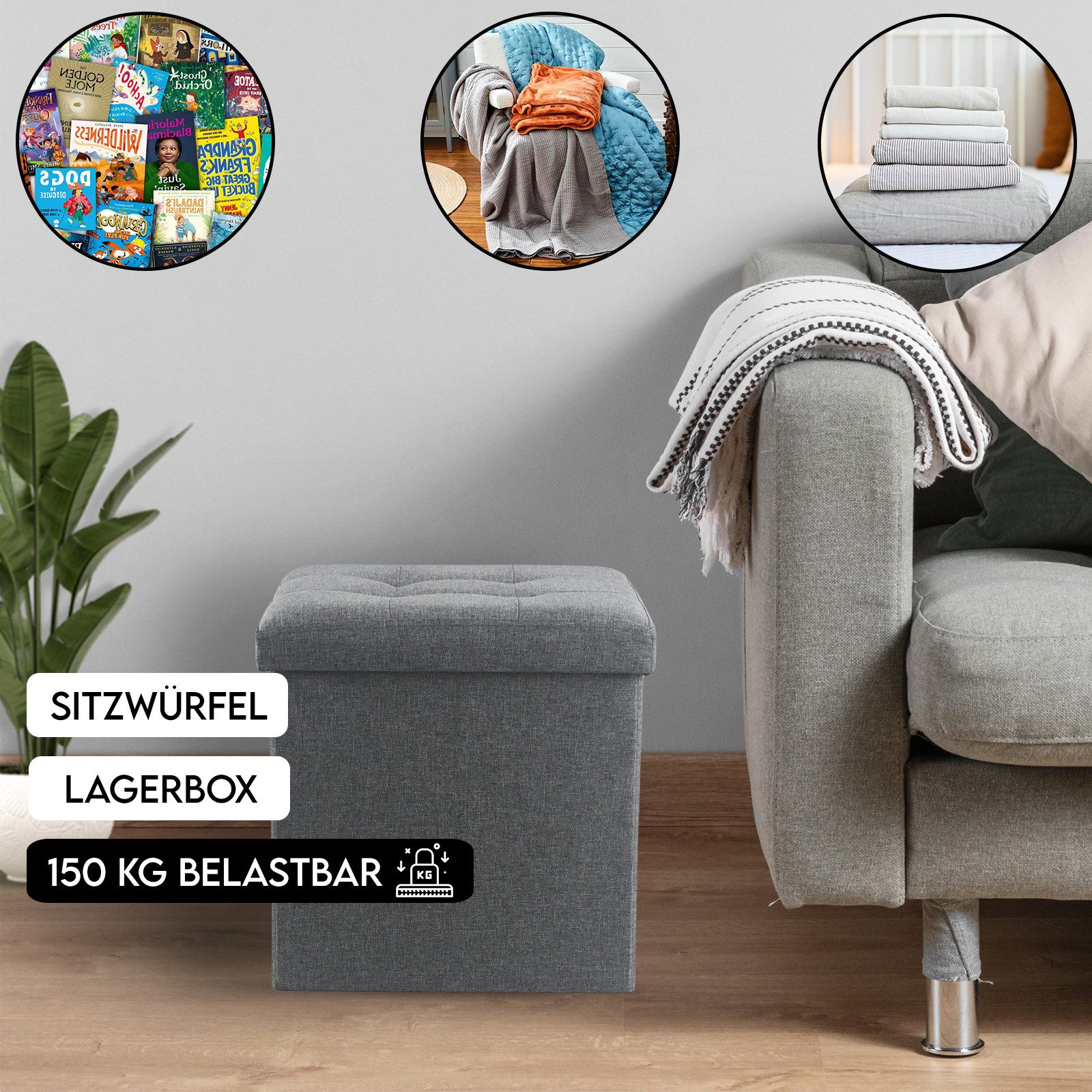 hausleben Sitzwürfel mit Stauraum - 38 x 38 x 38 cm (1 St), Faltbare Aufbewahrungsbox