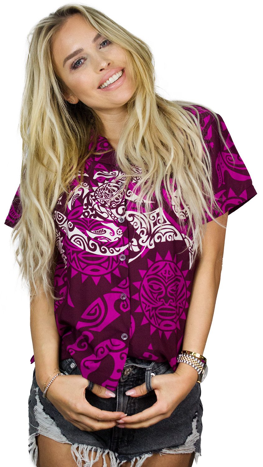 Hawaiihemd Maori Chest Funky Hawaiibluse Damen Kurzarm Front-Tasche Stylish