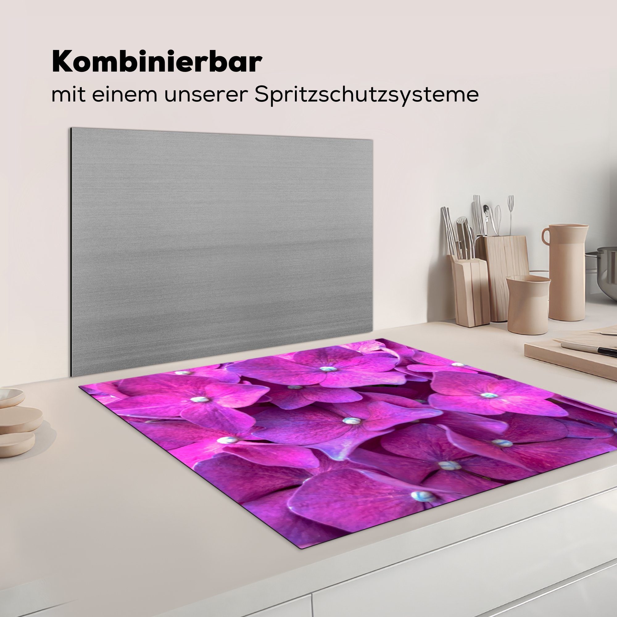 Herdblende-/Abdeckplatte Hortensienblüten, für küche rosa 78x78 cm, (1 Arbeitsplatte Ceranfeldabdeckung, Nahaufnahme Vinyl, MuchoWow tlg),