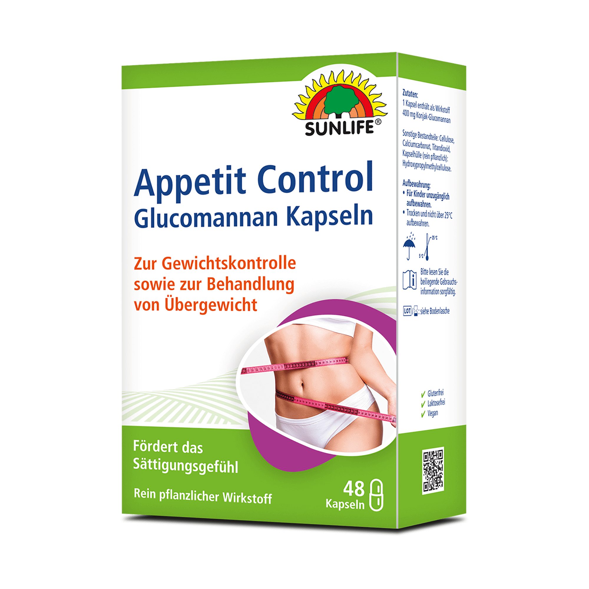 SUNLIFE® Appetit Control Glucomannan Kapseln Appetitkontrolle Abnehmen Jeweils 2-3 Kapseln 0,5-1 Stunde vor den Mahlzeiten