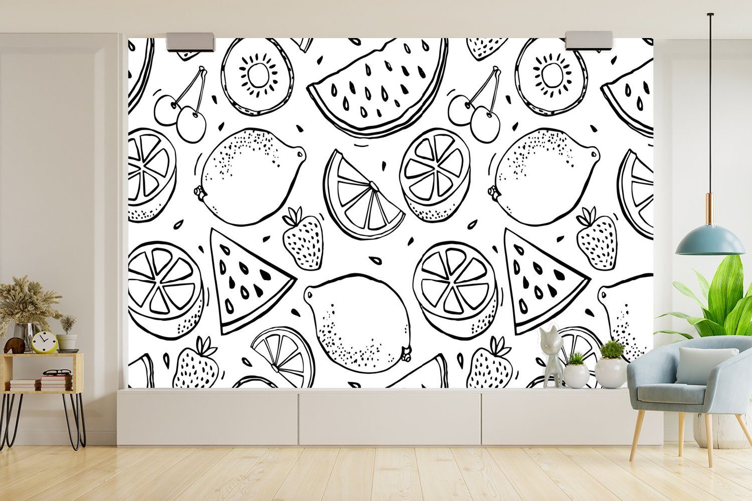 Weiß, MuchoWow Wallpaper bedruckt, für Fototapete (6 Schlafzimmer, - Vinyl Kiwi - Muster Matt, Schwarz - Tapete - St), Kinderzimmer, Wohnzimmer, Erdbeere