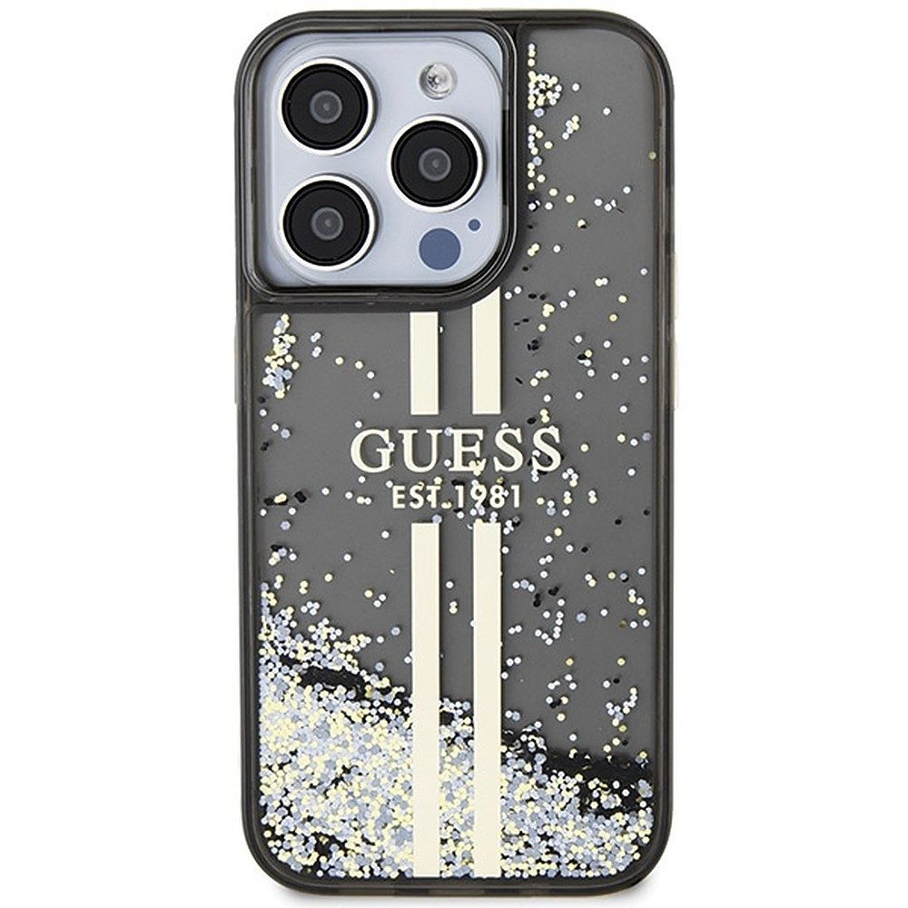 Guess Handyhülle Schutzhülle Glitzerschale Handyschale 6,1 Zoll, Flüssigglitzer, goldene Streifen, erhöhte Kanten