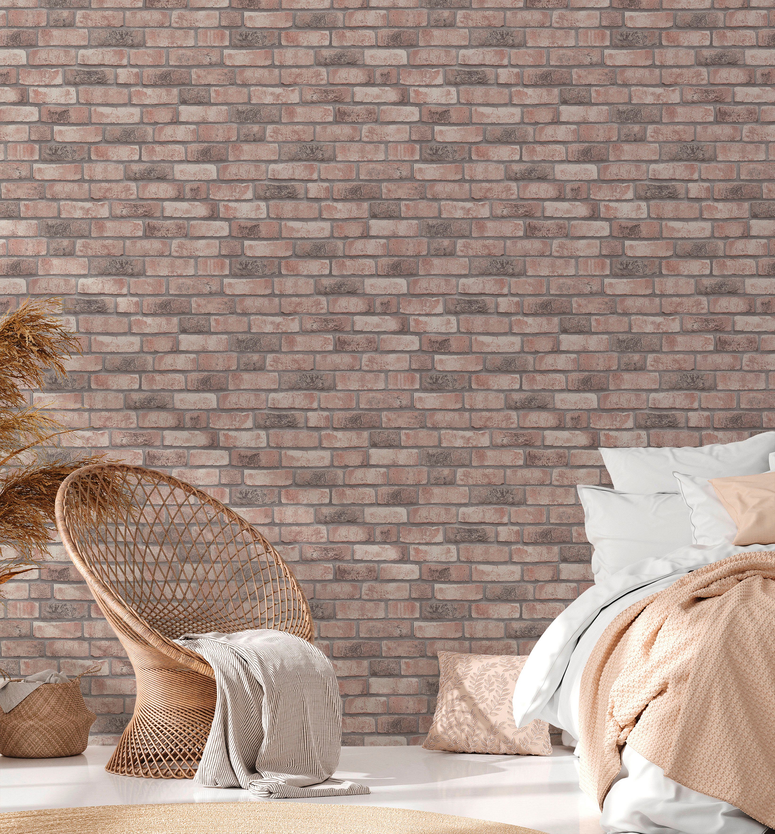 A.S. Création Vliestapete Bricks & Stones Backstein, leicht strukturiert, matt, gemustert, neutral, (1 St), Steintapete Tapeten Wohnzimmer Schlafzimmer Küche modern Design Optik