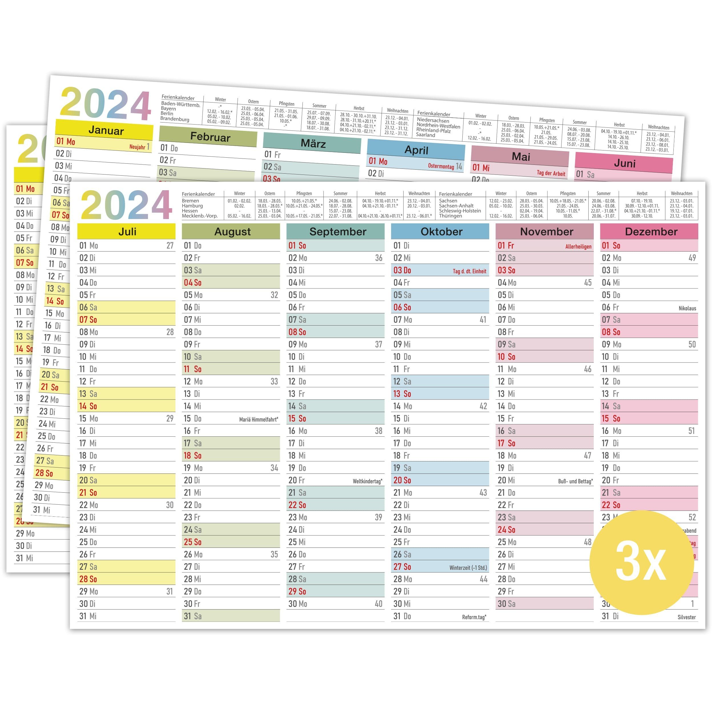 TOBJA Wandkalender 3x A4 Tafelkalender Bunt 2024 Blatt Jahreskalender, Wandkalender, Jahresplaner, Urlaubsplaner A4, Kalender 2024