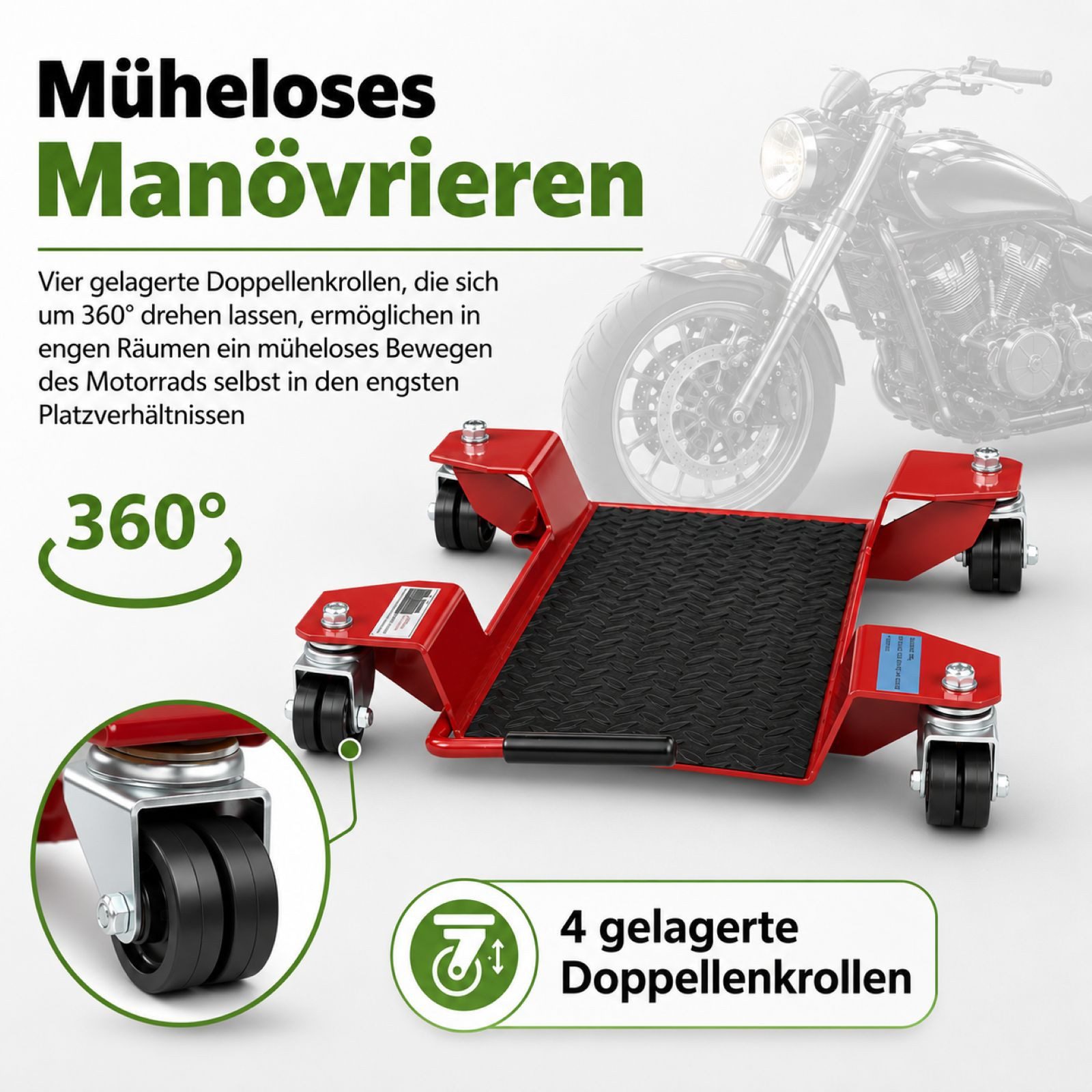 TRUTZHOLM Transportroller Rangierhilfe für Motorrad mit Ständer rot Rollwagen Rangierplatte, (1 Stück), 54x19 cm Last bis 250kg – Bild 4 von 5