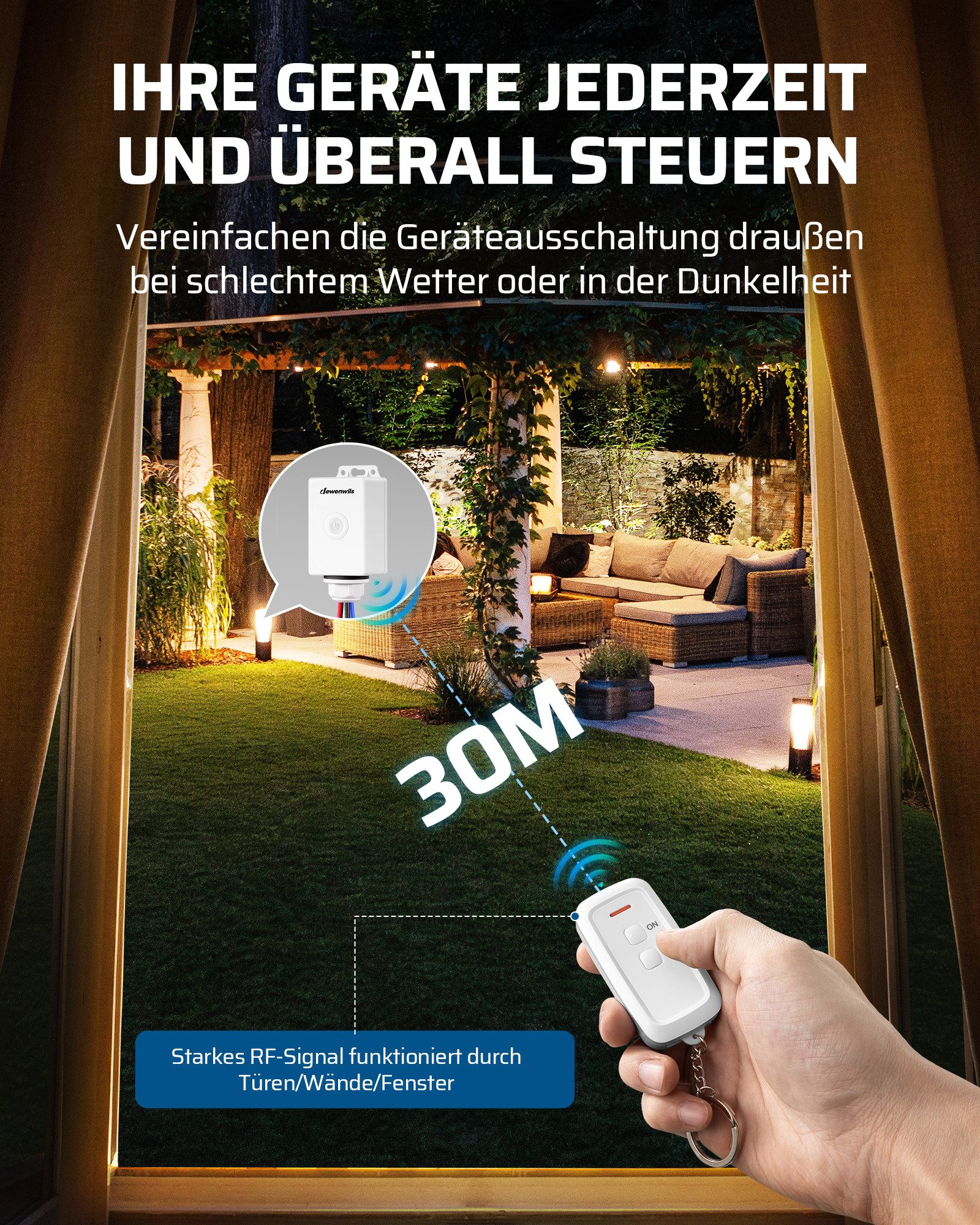 DEWENWILS Licht-Funksteuerung Funkschalter Außen, für Gartenbeleuchtung, Garagenbeleuchtung, Poolpumpen, Außenleuchten, Set, 1-tlg., IP65 Wasserdicht, 230V/15A, 433,92MHz, 30m/100ft