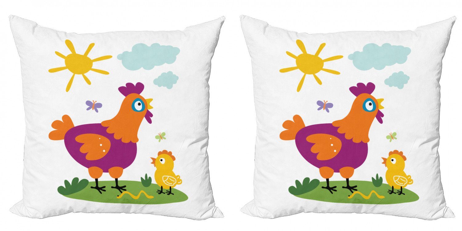 Kissenbezüge Modern Accent Doppelseitiger Digitaldruck, Abakuhaus (2 Stück), Henne und Küken Huhn-Baby-Karikatur
