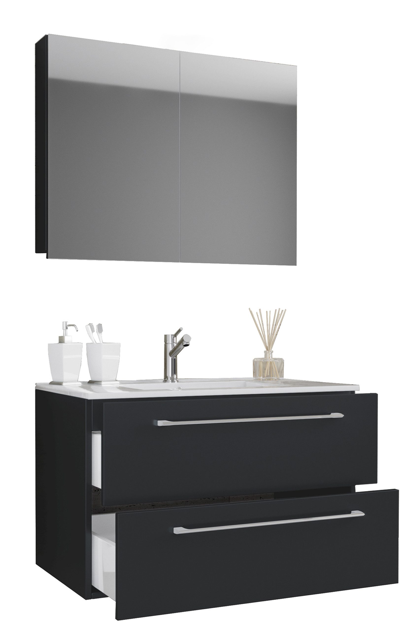 VCM Waschtisch 3 teilig Badmöbel-Set Waschplatz Badinos (Set, 3-St., 1x Unterschrank 1x Waschbecken 1x Spiegel), 3-tlg. Waschplatz, Waschbecken Unterschrank Breite 80 cm, Badmöbel