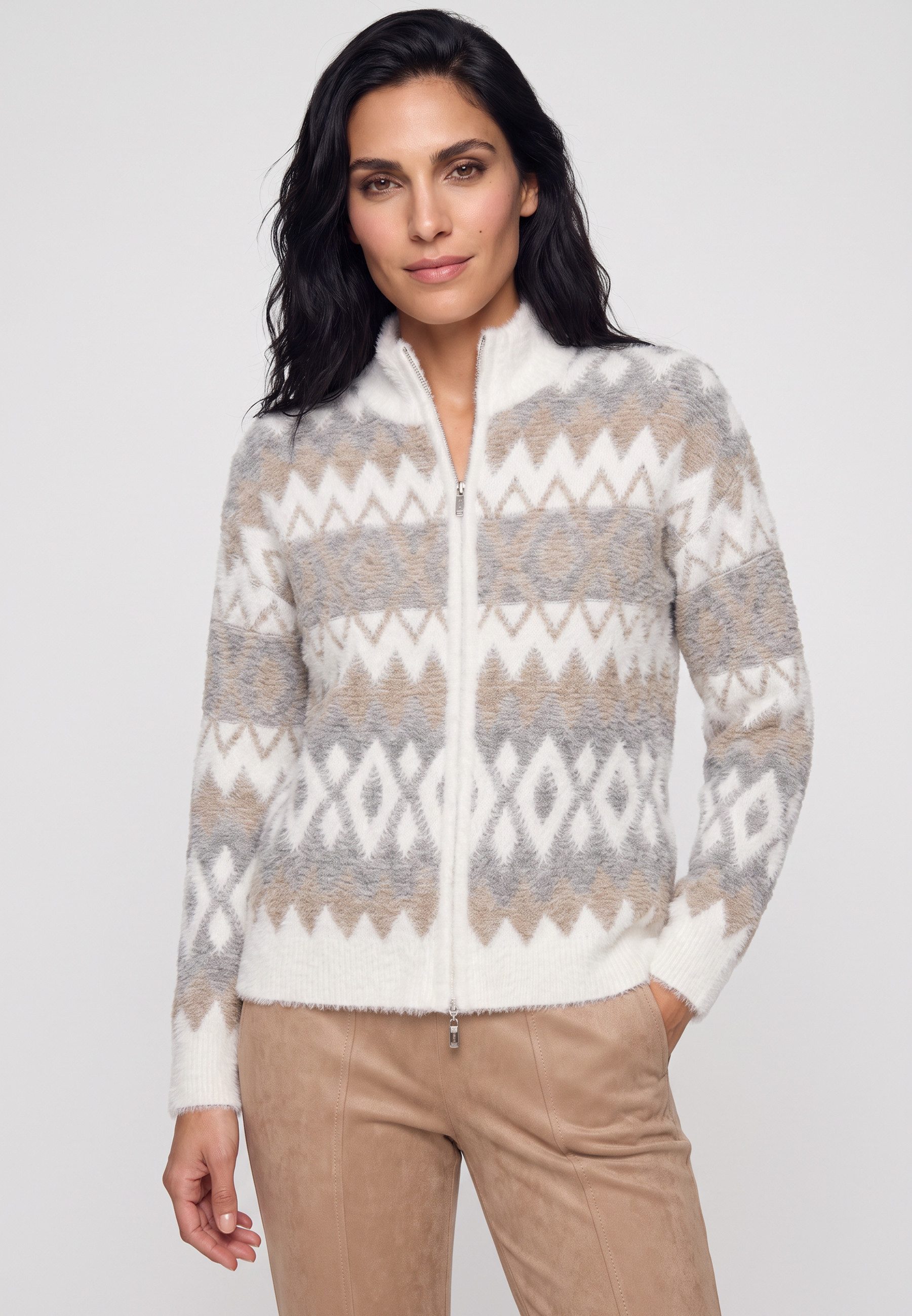 Olsen Cardigan mit Panneaux-Dessin und Stehkragen