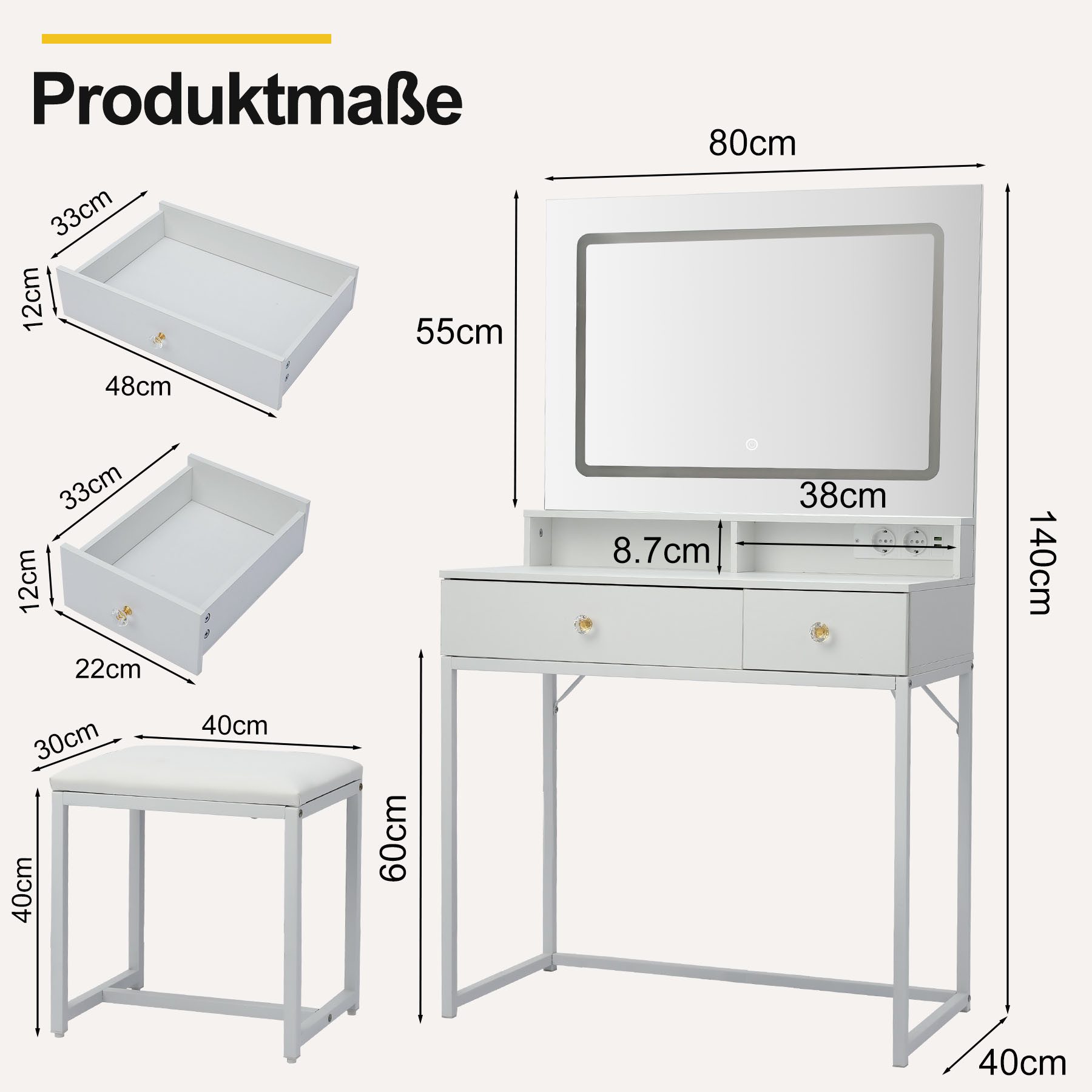 HomeMiYN Schminktisch Schminktisch mit LED-Spiegel & Hocker, 2 Schubladen, Weiß