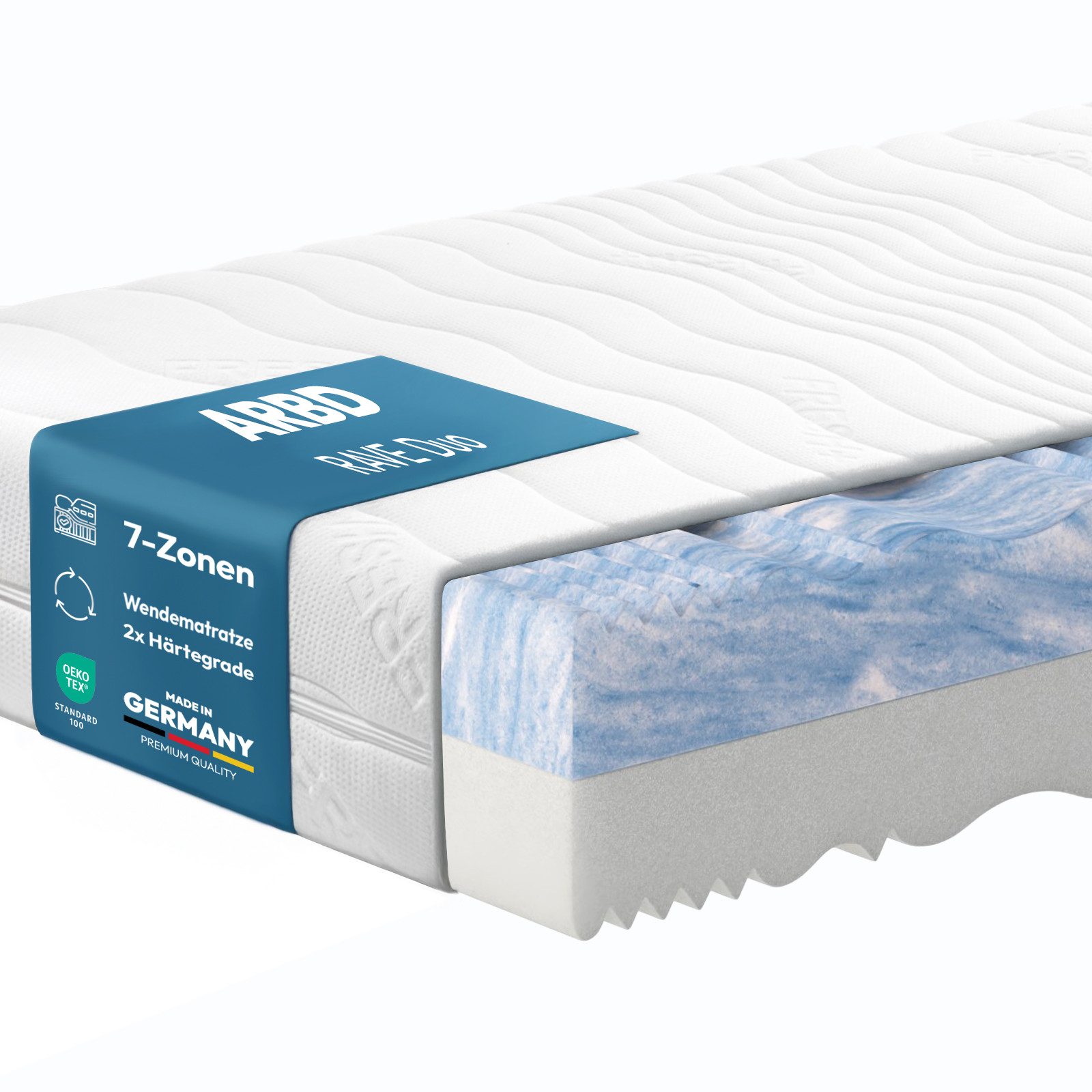 Kaltschaummatratze RAVE DUO H2/H3, H3/H4 Matratze 80x200, 180x200 und weitere Größen, ARBD, 22 cm hoch, Wendematratze mit zwei Härtegraden in allen Größen verfügbar