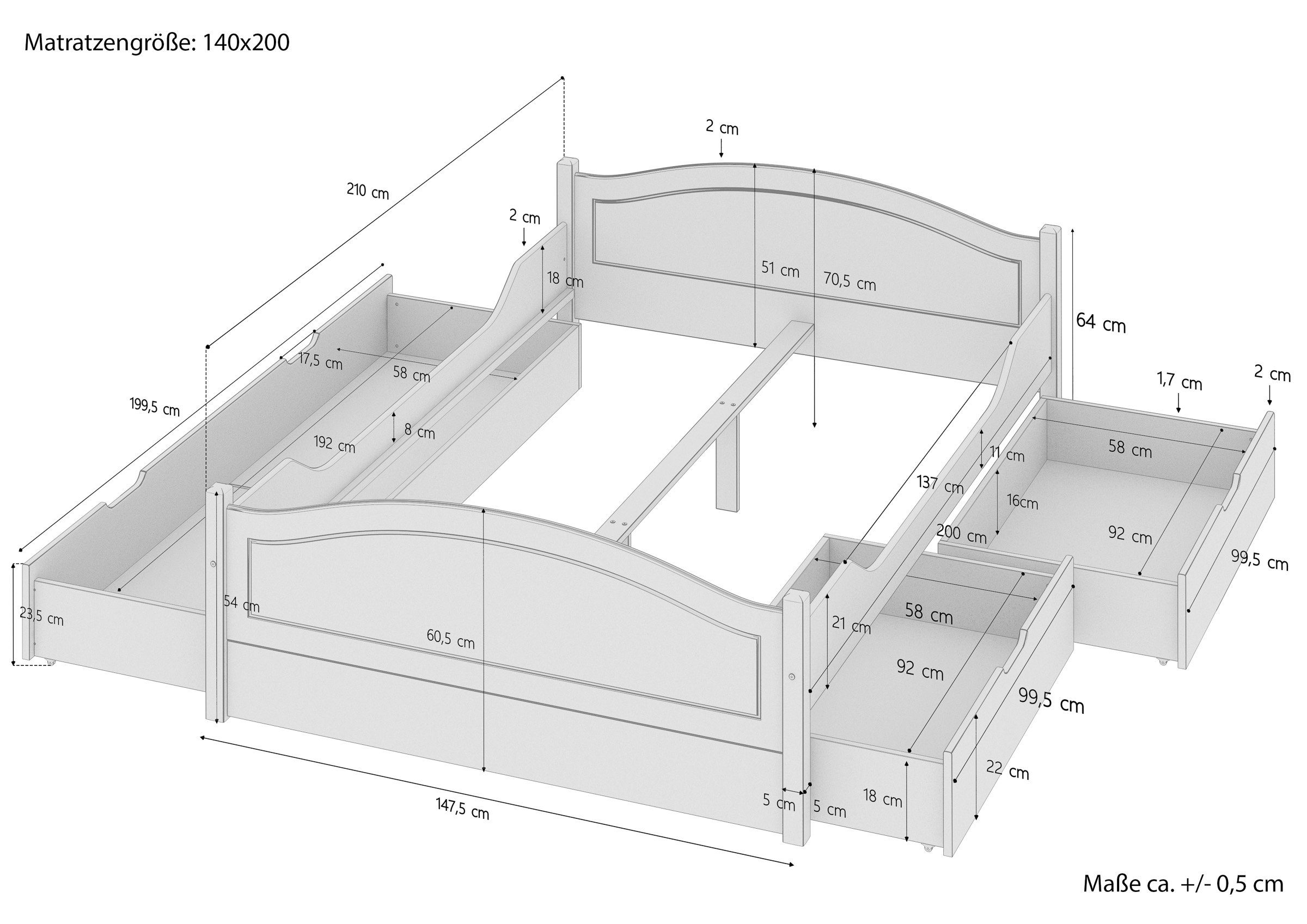 Staukasten, Bett lackiert mit 140x200 ERST-HOLZ Doppelbett Komplettset Kieferfarblos Bett