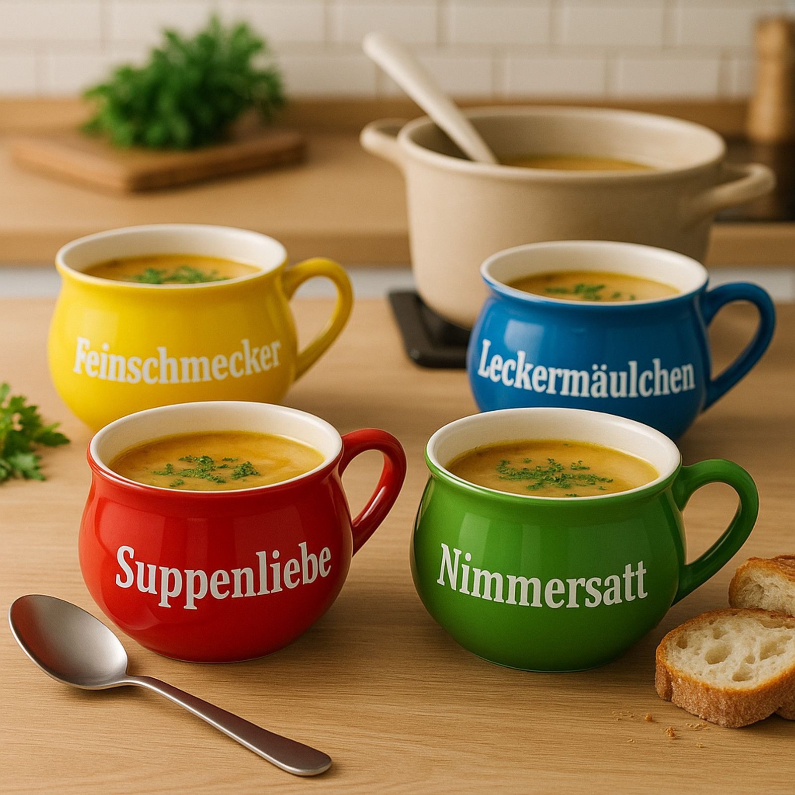 BURI Suppenschüssel Keramik-Suppentassen 4er oder 8er-Set Schüsselset Suppentasse Sprüche, Keramik, (2-tlg)