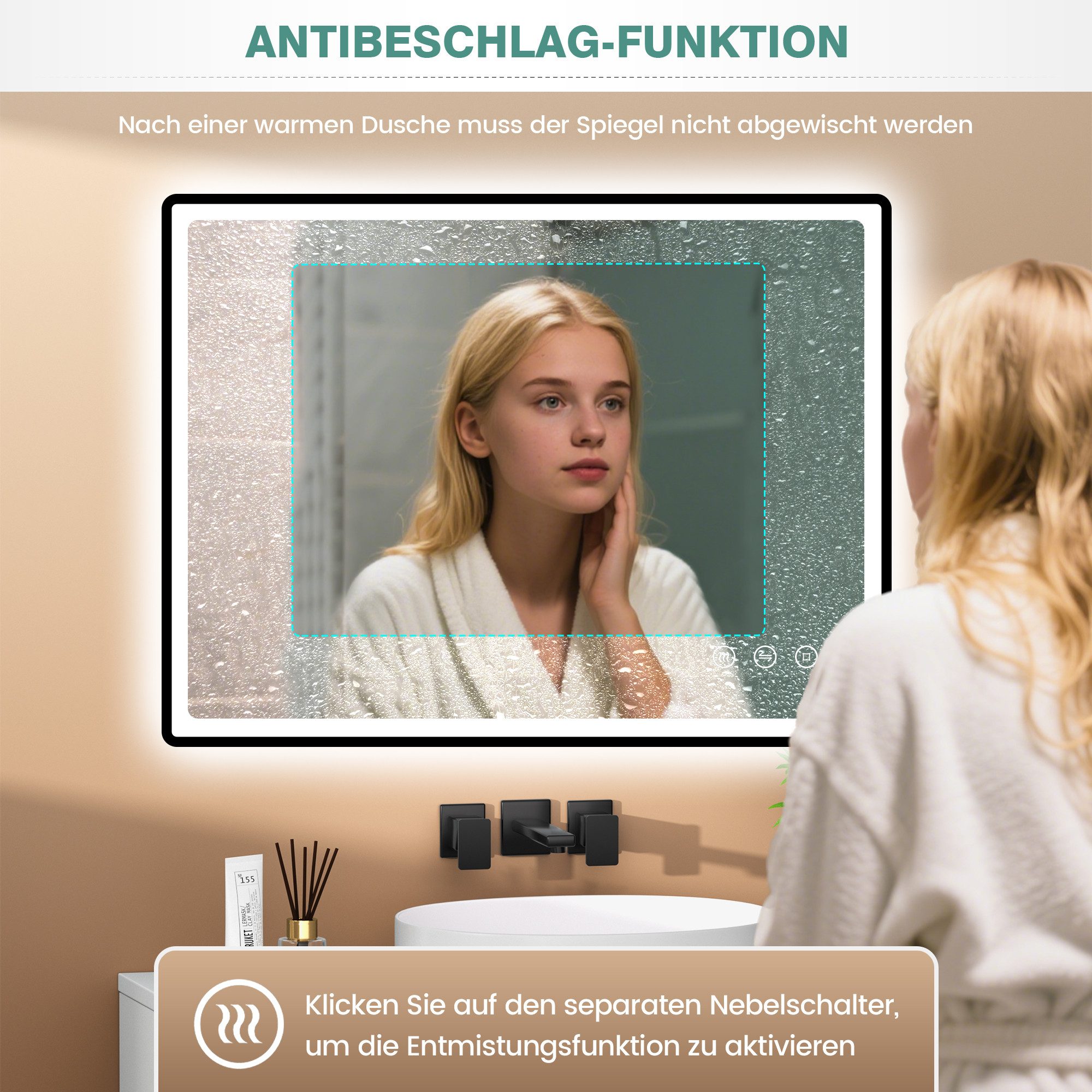PESENXAN Badspiegel mit Beleuchtung 80 x 60 cm, LED Badezimmerspiegel, Dimmbar (1-St), Antibeschlag & IP44 Wasserdicht, Speicherfunktion – Bild 5 von 5