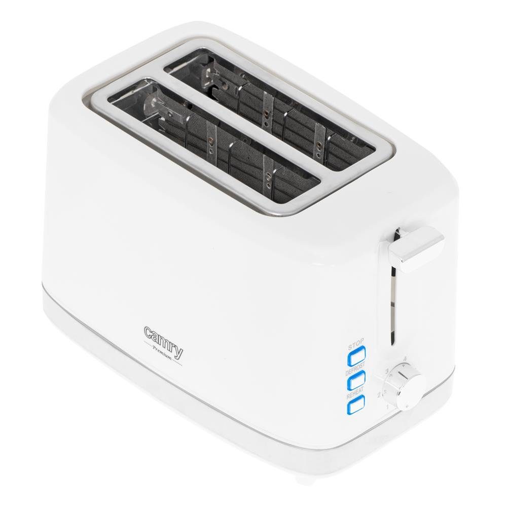 Camry Toaster CR 3219, 2 kurze Schlitze, 900,00 W, mit Brötchenaufsatz, Auftaufunktion, Aufwärmfunktion, 6 Stufen, weiß