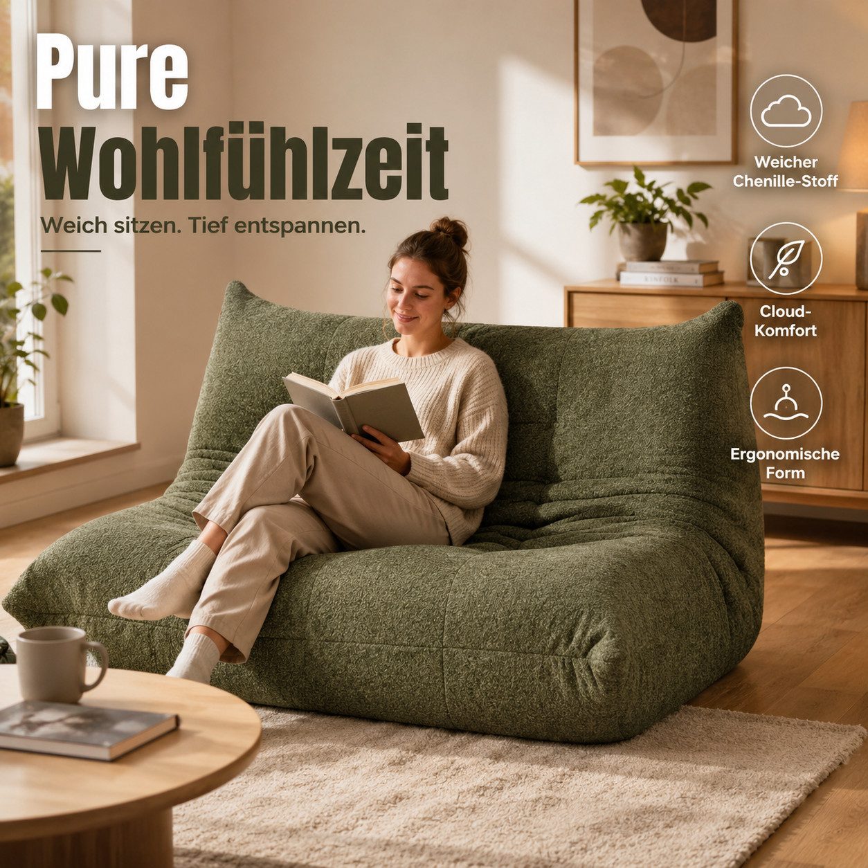 MIBODE Sitzsack Bodensofa im Togo-Stil mit Memory Schaum (1-teilig), Fertig geliefert, direkt nutzbar. Formgebung bis zu 72 Std.