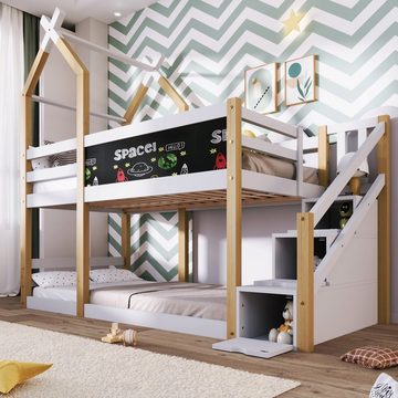 OKWISH Etagenbett Kinderbett (mit Speicherung und Rausfallschutz), Hochbett für Kinder– 2x Lattenrost- Natur & Weiß(ohne Matratze)