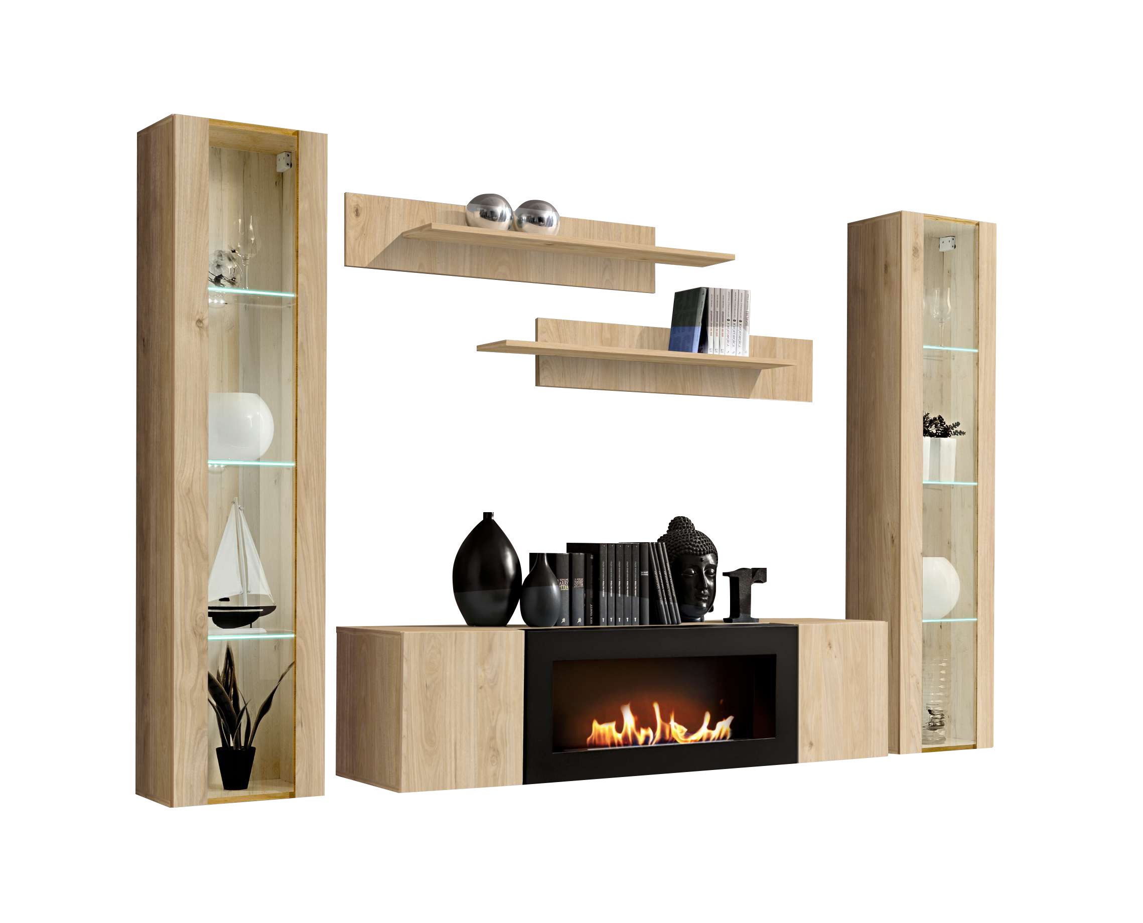 99rooms Wohnwand Fli M2, (Wohnzimmer-Set, Wohnmöbel), 2 x Hängevitrine mit LED, Lowboard mit Biokamin, 2 x Wandregal